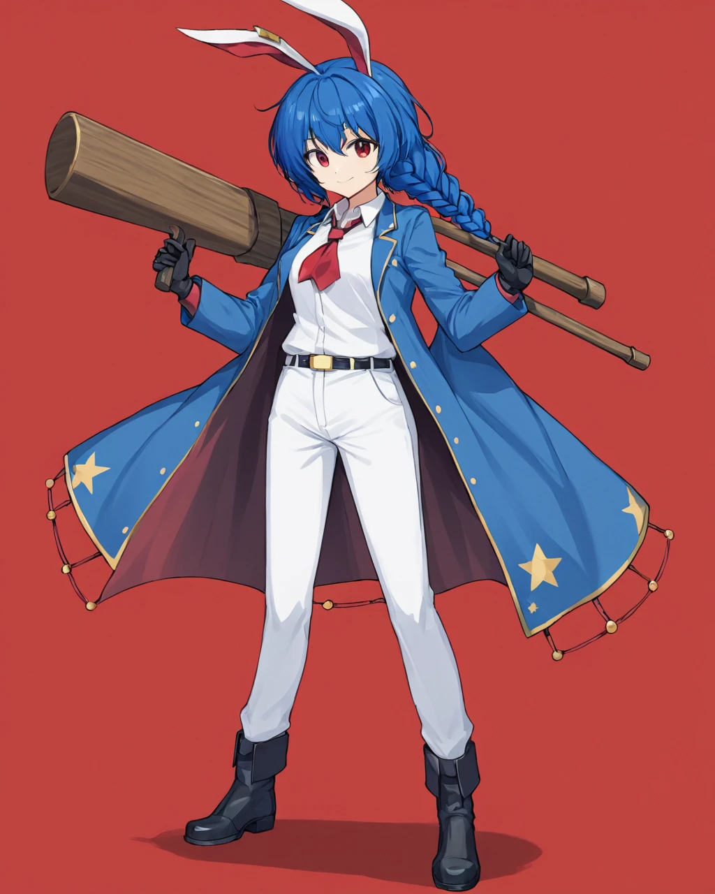 seiran \(touhou\),1girl, solo, boots, holding_gun, full_body, looking_at_viewer, smile, dual_wielding, red_ascot, long_sleeves, red_background, white_shirt, collared_shirt, black_footwear, mallet, white_pants, jacket, weapon_over_shoulder, one_knee, braid, long_coat, handgun, gloves, blue_coat
<lora:seiran_(touhou)_image1670_2023-12-20-000010:1>,star-shaped_pupils,symbol-shaped_pupils,. gorgeous,key visual, vibrant, studio anime,award-winning, professional, highly detailed,high budget, cinemascope