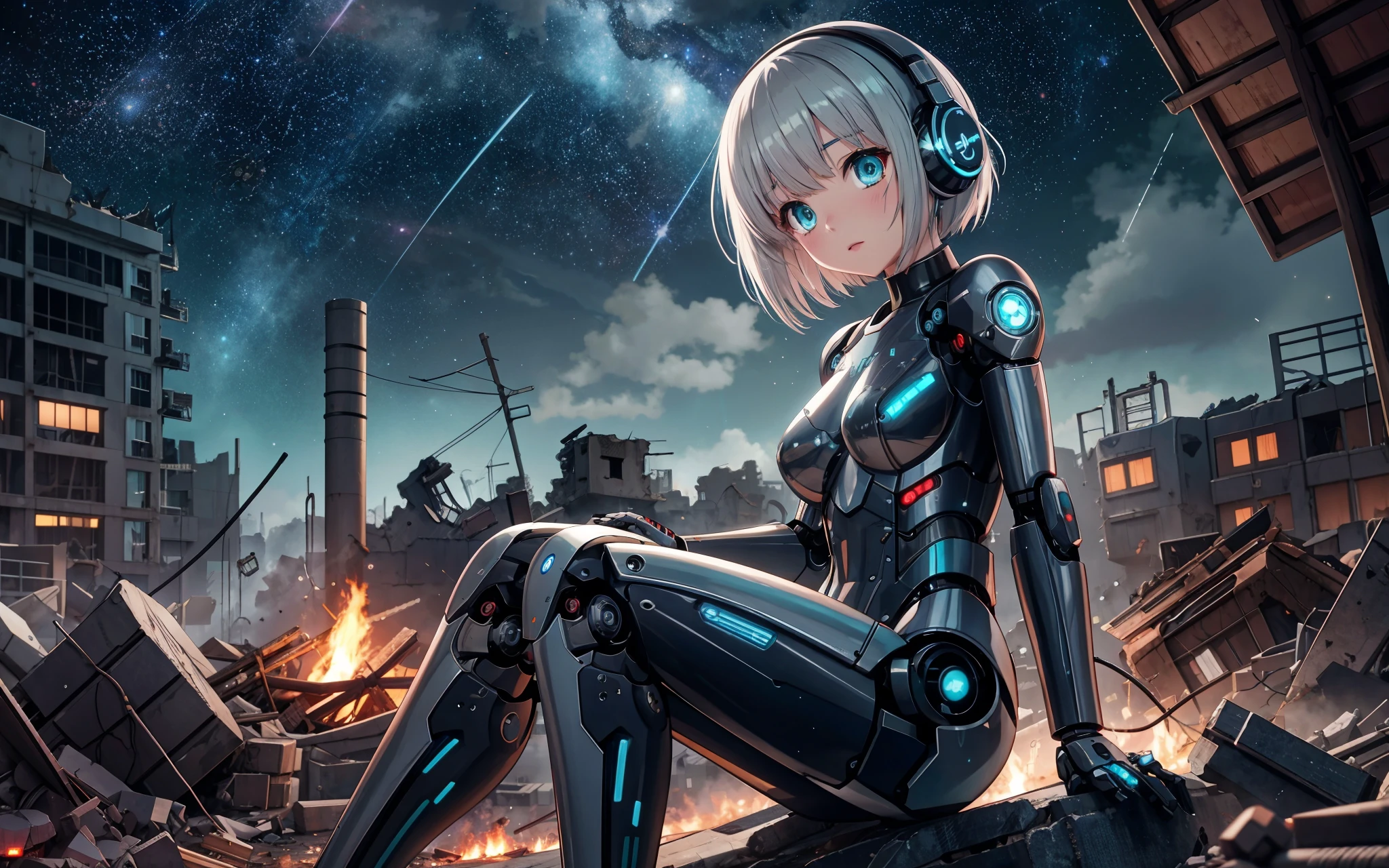 [[[[anime]]]] (game cg), highres, official art, cinematic, [[close up]],
sentimental (android) woman, silver bobcut, aqua eyes, robotic scifi steel machine body arms and legs, bodysuit, headphones, cables, scattered scrap, destroyed ruins of a city, camp campfire, (night), ((beautiful starry sky)) [galaxy]