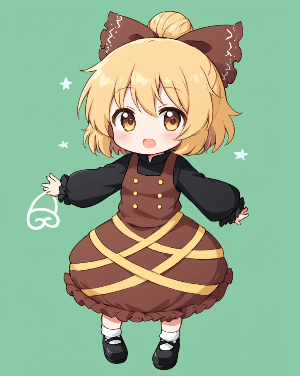 kurodani yamame,1girl, solo, long_sleeves, brown_dress, open_mouth, full_body, spider_web, hair_bow, chibi, black_footwear, looking_at_viewer, brown_bow, green_background, black_shirt, twitter_username, white_socks, :d, simple_background, standing, blush
<lora:kurodani_yamame_image2914_2023-12-17-000008:1>,star-shaped_pupils,symbol-shaped_pupils,. gorgeous,key visual, vibrant, studio anime,award-winning, professional, highly detailed,high budget, cinemascope