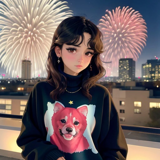 <lora:marissardell_sd15_512_128_64_v1:1>marissardell,1girl,looking at viewer, new years eve party fireworks in background, wearing a turtleneck sweater