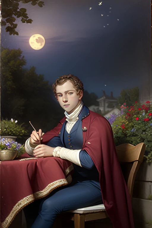 (Portrait), (medium shot:1.2), yo guy Sitting at the table, outdoor terrace. 1800s boy's costume clothes. 
The scene is painted in oil in a romantic style, with shades of blue-violet, magenta and lilac enveloping the night garden in a magical atmosphere. The moonlight gently illuminates the tree and flowers, creating an ethereal and mysterious atmosphere. Moths flutter around the flowers, attracted by their sweet fragrance, while fireflies blink softly, he adds., Freckles, Hazel eyes, Oil painting, Romanticism style, ((Better Hands))