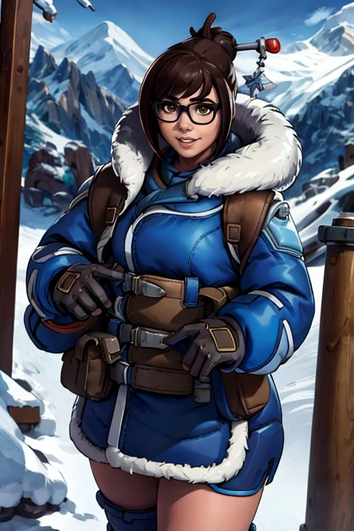 masterpiece,best quality,extreme detail,8k,image sharpness,<lora:mei-10:0.8>, mei2,1girl,solo,looking at viewer,smile,short hair,brown hair,hair ornament,gloves,holding,brown eyes,jacket,glasses,belt,hair bun,lips,coat,book,fur trim,swept bangs,single hair bun,black-framed eyewear,beads,pouch,blue gloves,winter clothes,fur-trimmed jacket,hair stick,belt pouch,winter coat,fur coat,utility belt,parka,