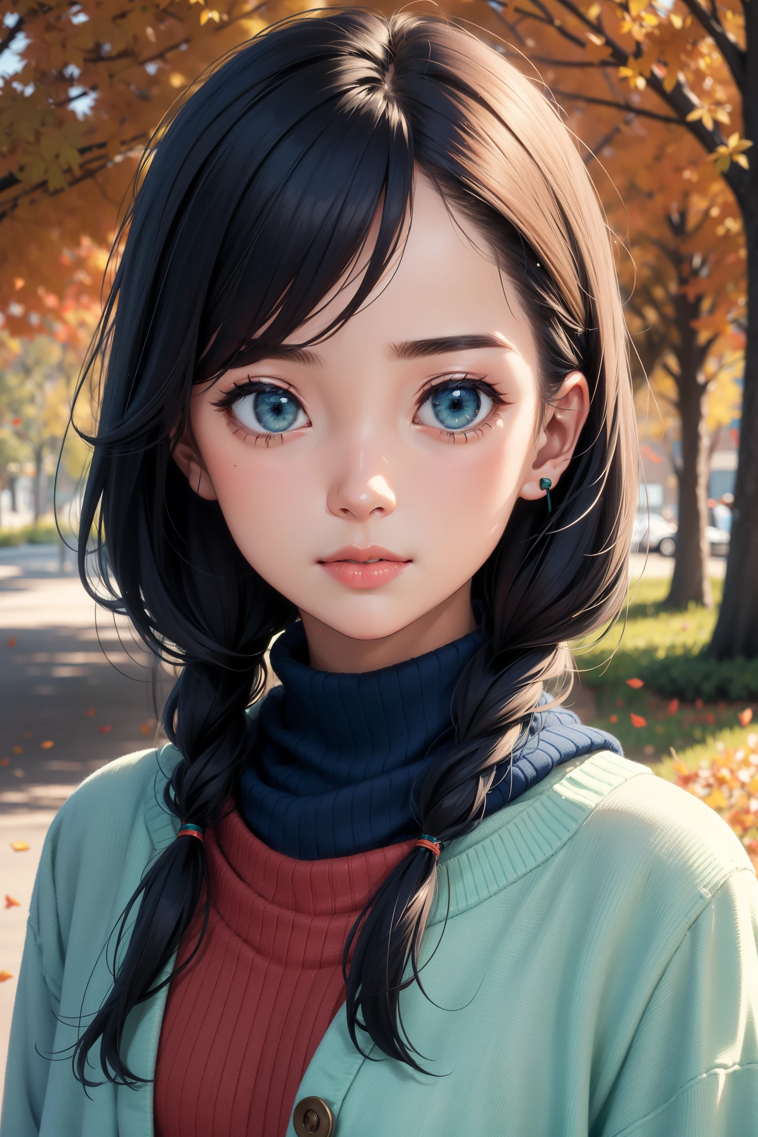 best quality, masterpiece, detailed, realistic, RAW photo, medium close up Navy Blue, Coral, and Mint Green colors a woman, autumn, winter clothes
