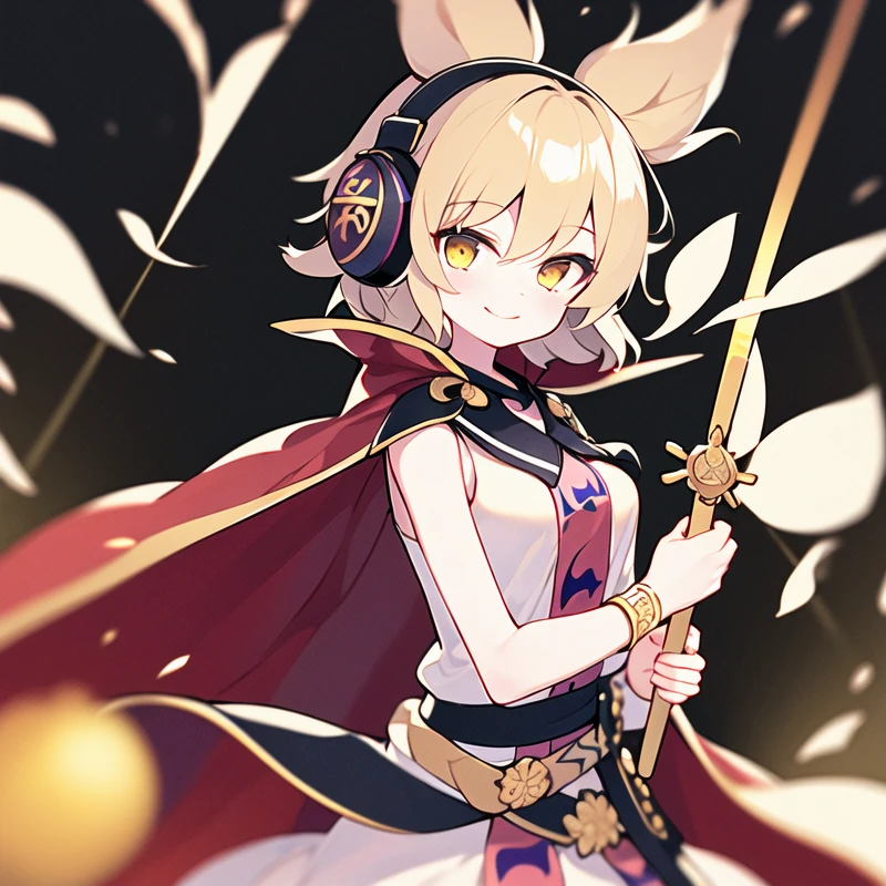 1girl, solo, masterpiece, best quality, illustration, absurdres, cute, film_grain, extremely detailed face, perfect lighting, smile, cowboy shot, <lora:toyosatomimi_no_miko:0.8>, miko_taoist, toyosatomimi no miko, short hair, pointy hair, earmuffs, bangs, small breasts, blonde hair, brown hair, brown eyes, yellow eyes, dress, skirt, shirt, sleeveless, belt, bracelet, sleeveless shirt, sheath, scabbard, jewelry, cape, weapon, sword, ritual baton,