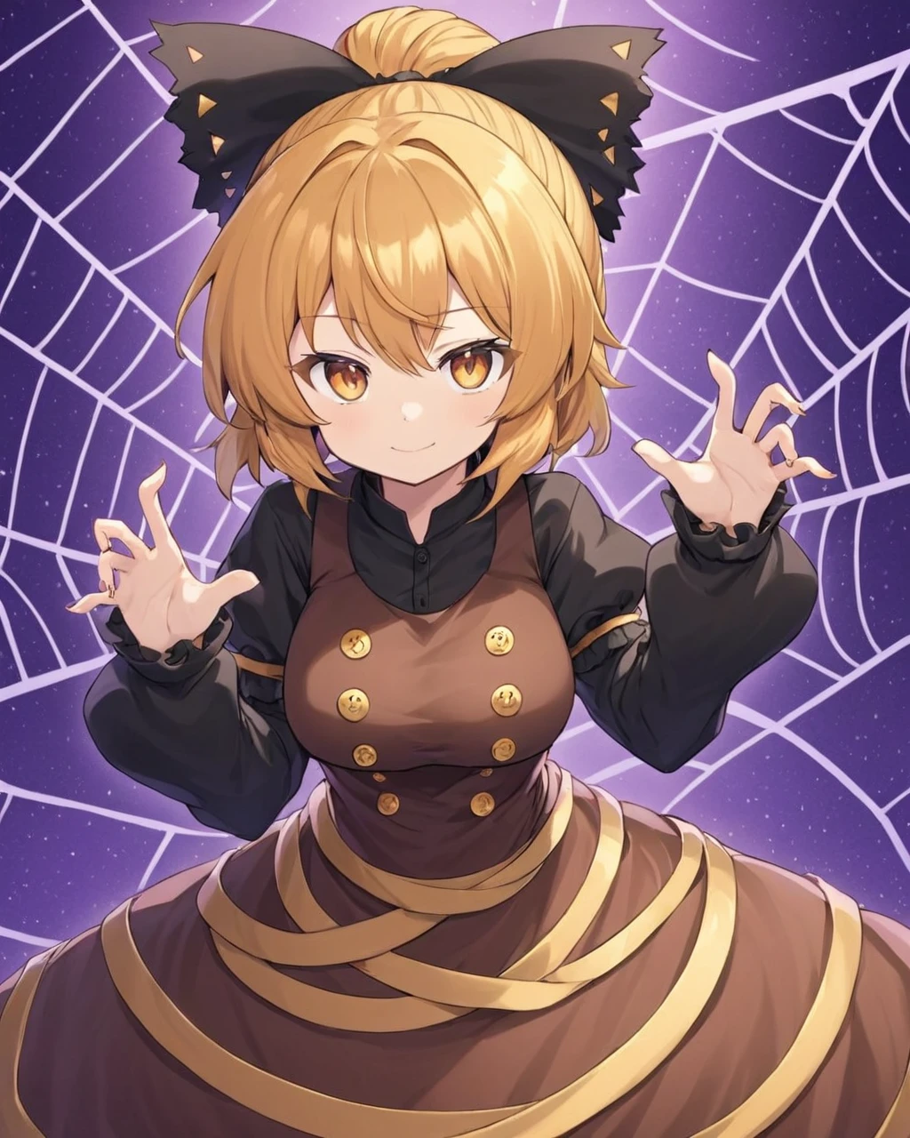 kurodani yamame,1girl, solo, hair_bow, long_sleeves, brown_dress, looking_at_viewer, smile, spider_web, black_bow, ponytail, arthropod_limbs, black_shirt, spider_girl, puffy_sleeves, closed_mouth, monster_girl, buttons, breasts, fingernails
<lora:kurodani_yamame_image2914_2023-12-17-000008:1>,star-shaped_pupils,symbol-shaped_pupils,. gorgeous,key visual, vibrant, studio anime,award-winning, professional, highly detailed,high budget, cinemascope