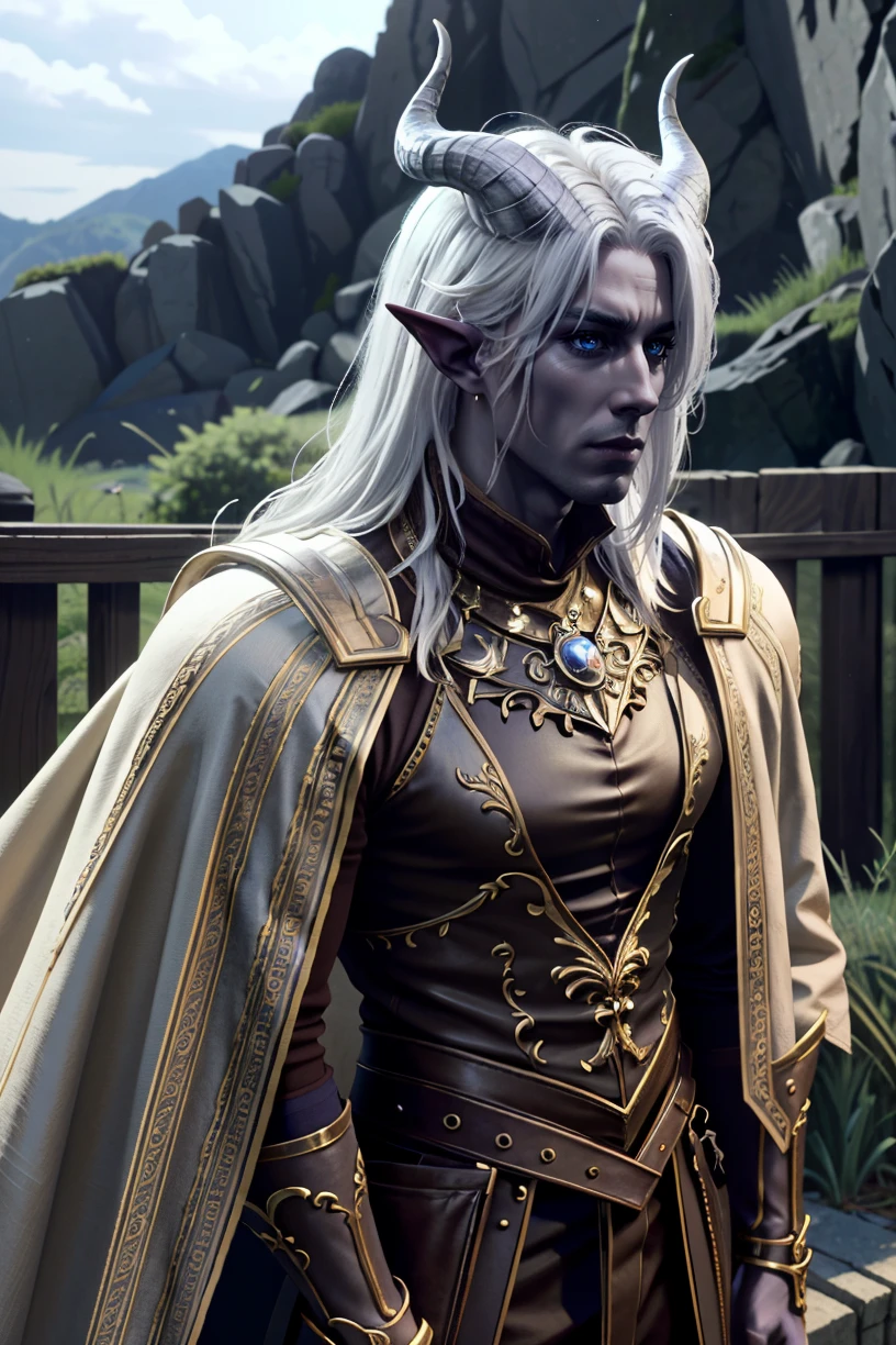 ((ultra detailed, masterpiece, absurdres))
BGMyDreamBoy, 1boy, solo, purple skin, blue eyes, white hair, demon horns, cowboy shot
