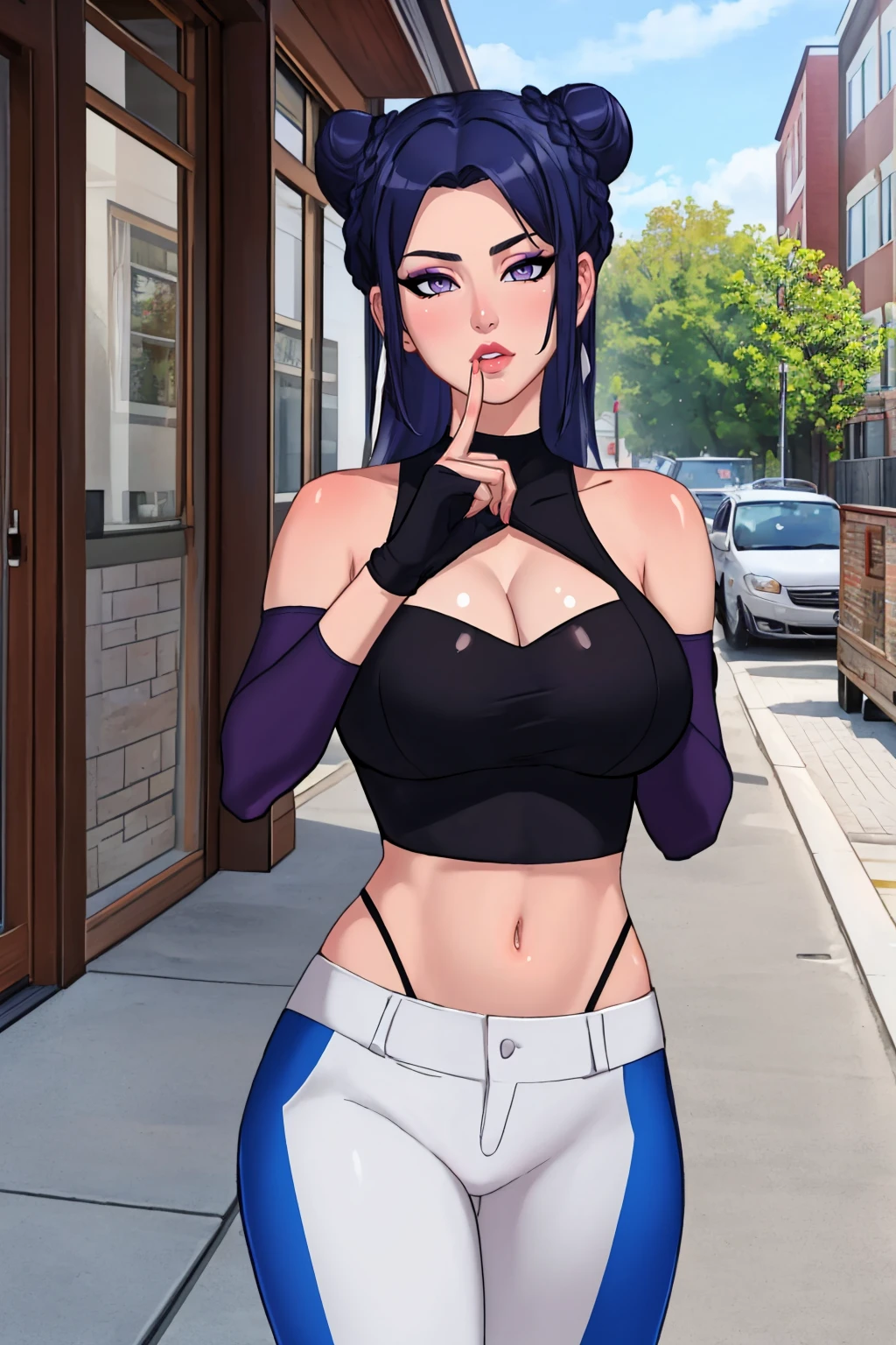 (masterpiece, best quality:1.2), <lora:sexnote:1>, sexnote, long hair, 1girl, double bun, blue hair, breasts, gloves, fingerless gloves, navel, hair bun, pants, tight pants, purple eyes, makeup, idol, looking at viewer, cleavage, solo focus, midriff, finger to mouth, lipstick, tight, bare shoulders, braid