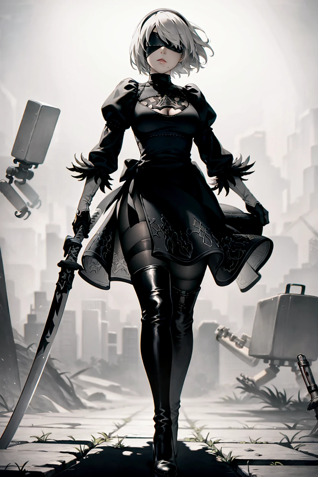 masterpiece, best quality, <lora:2b:1>,greyscale,1girl, yorha no. 2 type b, blindfold, weapon, thighhighs, greyscale, monochrome, sword, dress, boots, short hair, high heels, gloves, thigh boots, clothing cutout, pod (nier automata), breasts, cleavage cutout, high heel boots, long sleeves, solo, full body, hairband, puffy sleeves, katana, medium breasts, feather-trimmed sleeves, floating, juliet sleeves, standing, cleavage, weapon on back, robot, mole, black blindfold