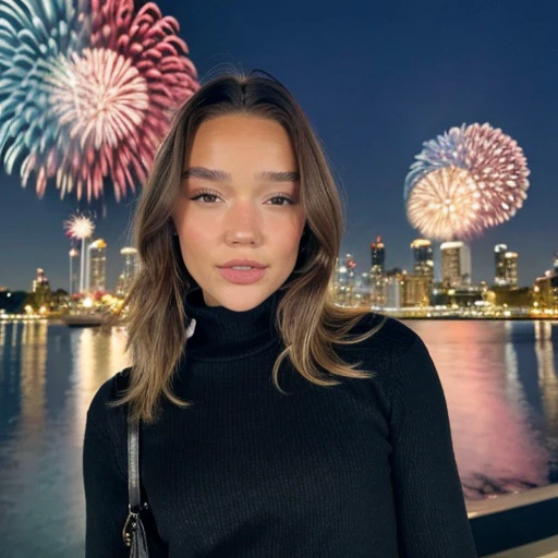 <lora:oliviaponton_sd15_512_128_64_v1:1>oliviaponton,1girl,looking at viewer, new years eve party fireworks in background, wearing a turtleneck sweater