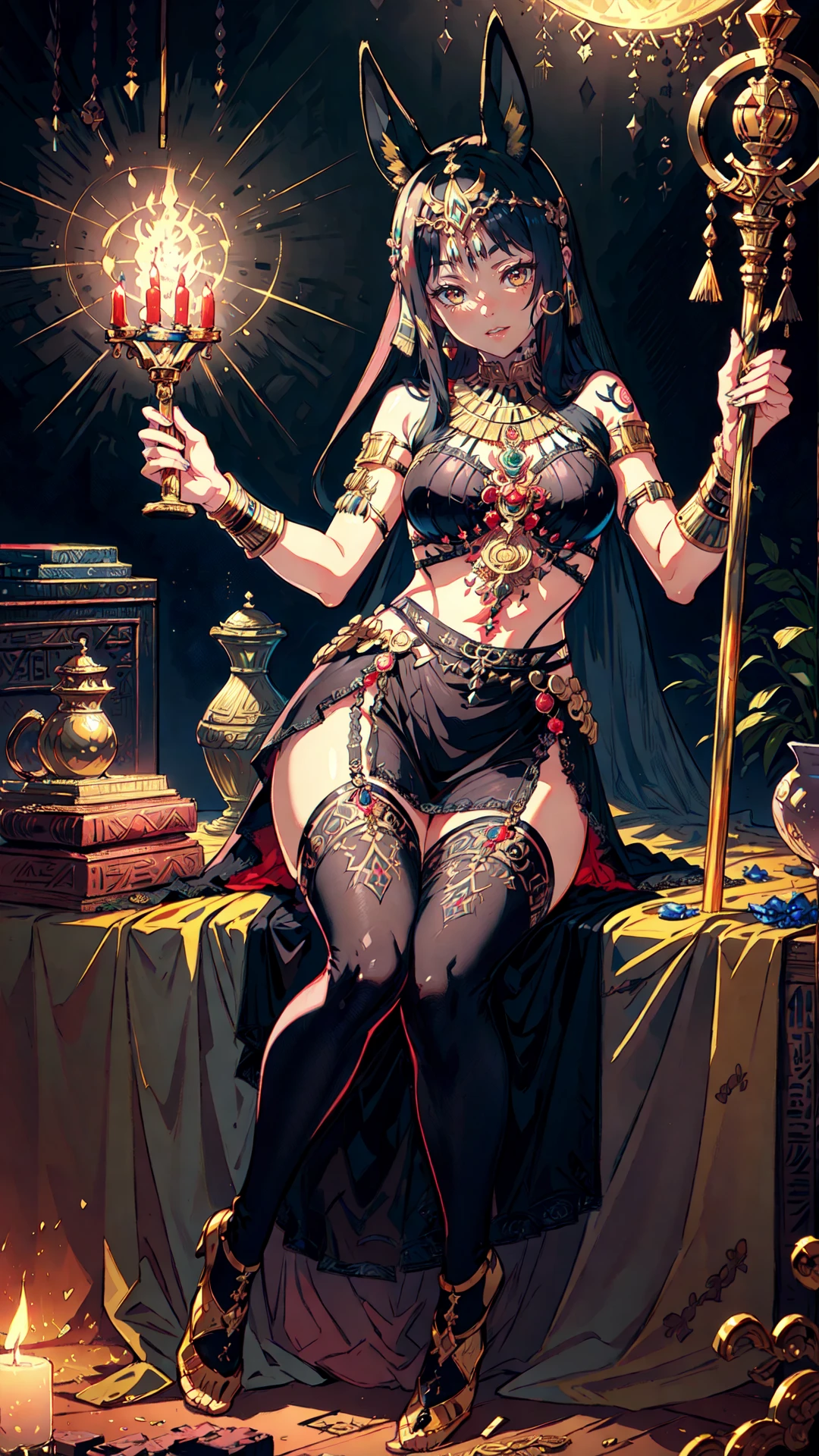 tutututu, breasts, medium breasts, see-through, underwear, lingerie, skirt,
(masterpiece, top quality, best quality, official art, beautiful and aesthetic:1.3), (1girl:1.3), extreme detailed, colorful, highest detailed,((ultra-detailed)), (highly detailed CG illustration), ((an extremely delicate and beautiful)), cinematic light, petite, anubis attire, solo, (abstract art:1), full body, moon, night, ((ancient egyptian theme)), (anubis ears), pyramids, staff, (gold), golden ornaments, ((expressionless)), pharao, hierography, portrait, body tattoo, face tattoo, active pose, over head lighting, fangs, glowing eyes, sitting, relics,
<lora:tutucs_v1:0.85>