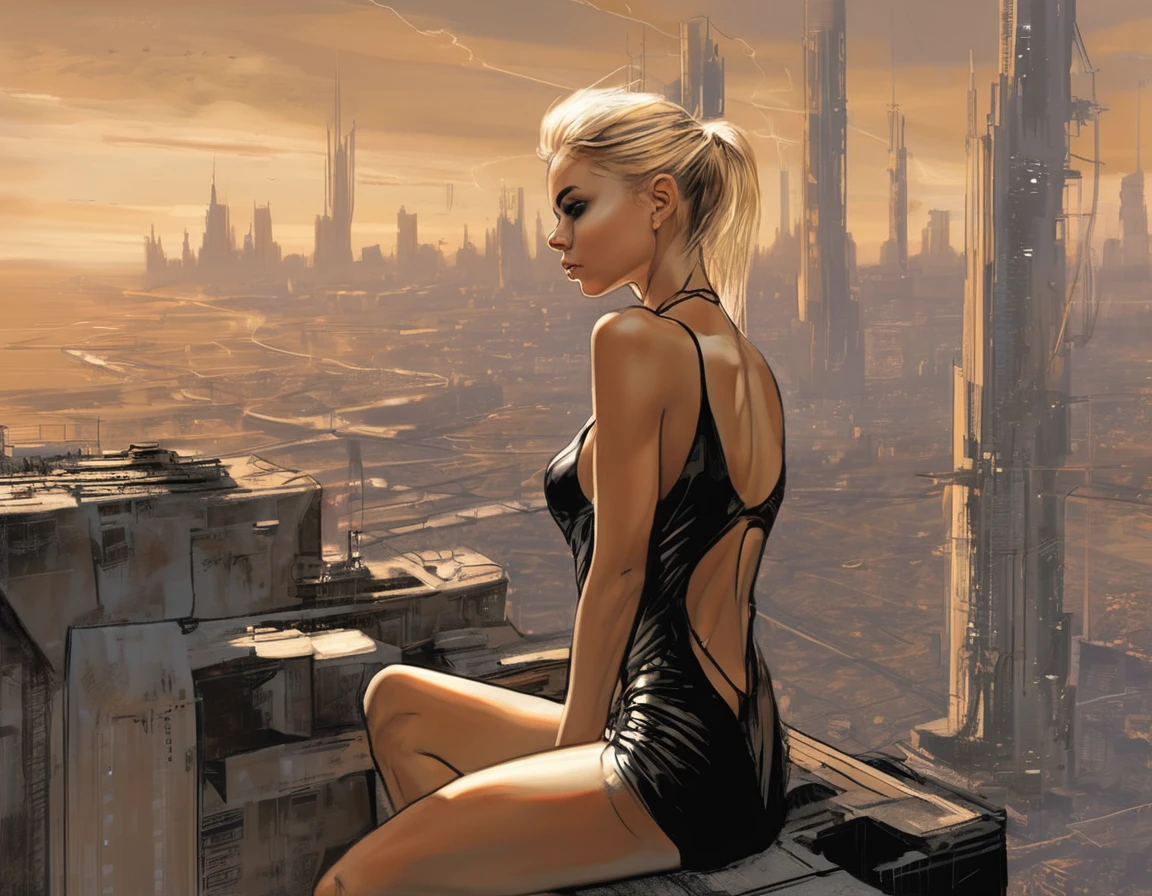 A captivating digital art by Enki Bilal; showing a beautiful mikaxl6, gazing into the distance atop a desolate futuristic cityscape, featuring sharp cheekbones, with blonde hair flowing in the wind, and clad in a sleek bodysuit with cybernetic enhancements..