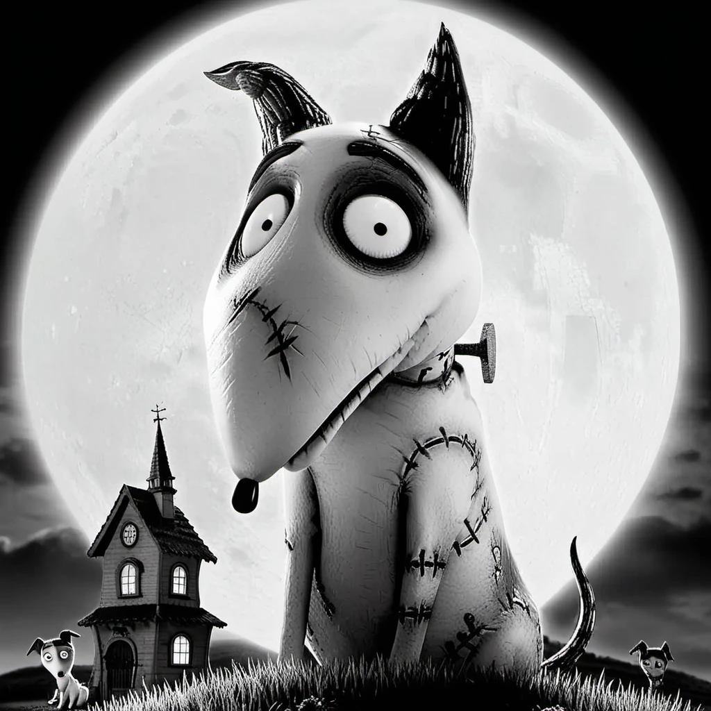 Frankenweenie1024, a cartoon dog with a scare on the nose, in front of a niche, full moon , highly detailed, photography, ultra sharp, film, bokeh, professional, 64k <lora:add-detail-xl:1.5> <lora:Frankenweenie1024:0.8>