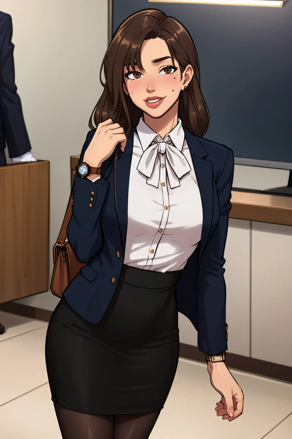 (masterpiece, best quality:1.2), <lora:mrpotatoparty:1>, mrpotatoparty, 1girl, pantyhose, solo, skirt, office lady, bag, brown hair, brown eyes, pencil skirt, jacket, shirt, long hair, white shirt, mole, looking at viewer, watch, black pantyhose, smile, mole under eye, suit, formal, jewelry, black skirt, black jacket, wristwatch, handbag, earrings, blush, breasts