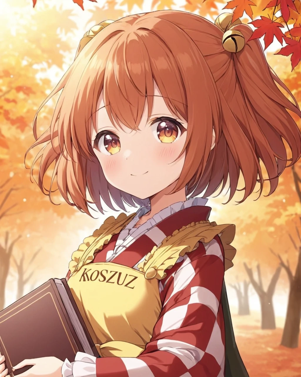 motoori kosuzu,1girl, solo, checkered_kimono, smile, long_sleeves, hair_bell, closed_mouth, yellow_apron, looking_at_viewer, autumn_leaves, wide_sleeves, holding_book, two_side_up, blush, maple_leaf, red_kimono, frills, blurry
<lora:motoori_kosuzu_image1256_2023-12-20-000014:1>,star-shaped_pupils,symbol-shaped_pupils,. gorgeous,key visual, vibrant, studio anime,award-winning, professional, highly detailed,high budget, cinemascope