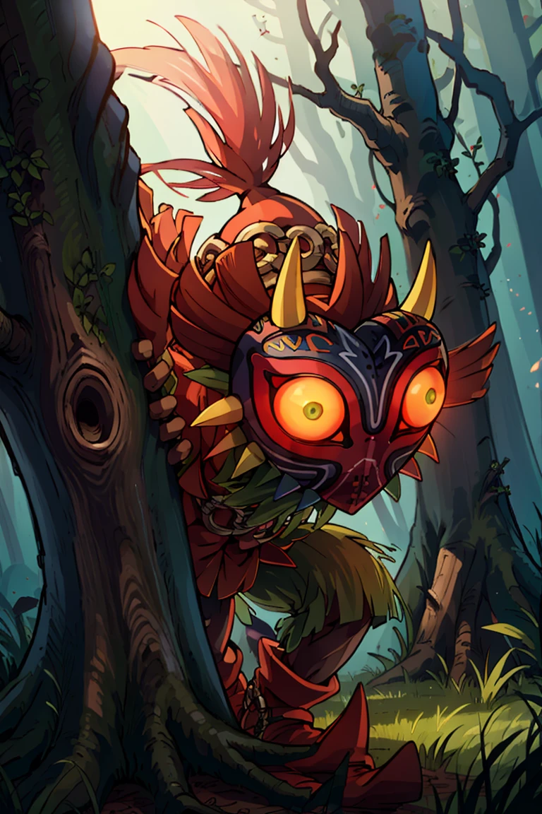 ((masterpiece,best quality)), absurdres,
<lora:Majora_Zelda:0.8>, Majora_Zelda, solo, 1boy, mask, horns, glowing eyes,
tree, no humans, grass, nature, forest, peeking out, hiding