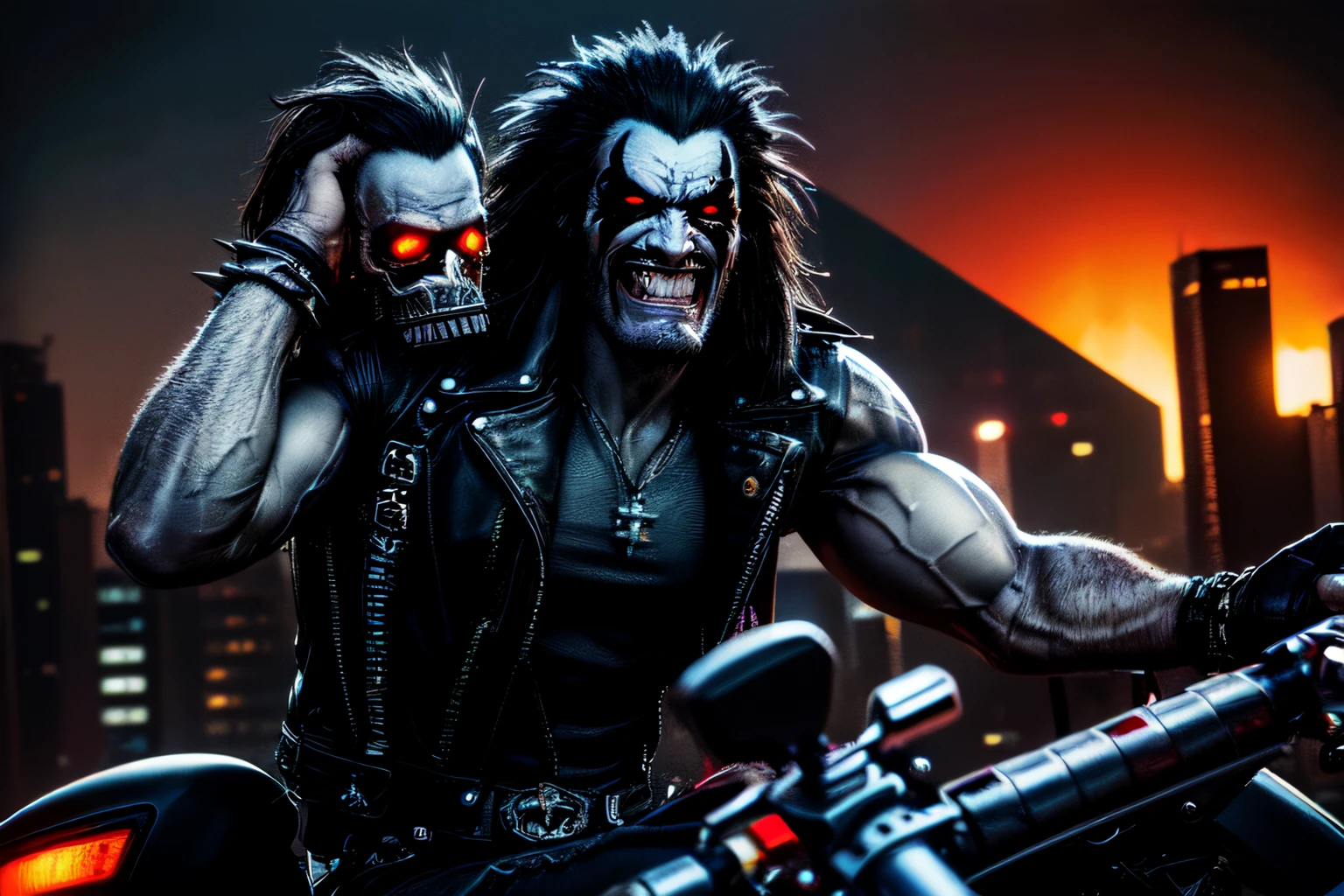 (frontal, buring city in background, full body), high detail skin, high detail eyes, high detail hair, highres, ultra detailed, sharpen picture, Highly detailed, masterpiece, best quality, <lora:LoboLoRA:0.8> lobo with long hair, face paint, glowing red eyes, wearing rockeroutfit leather jacket armor chains and spikes skulls ,holding cigar, ((riding a motorcycle))