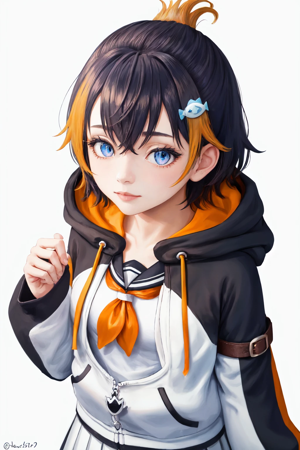 masterpiece, (detailed, highres, best quality), 1girl, <lora:sppetraGurin-10:1> gurin1st, fish hair ornament, hoodie, white hoodie, penguin hood, sleeves past fingers, sailor collar, white skirt, tail, From above, heart, twitter username, upper body, white background