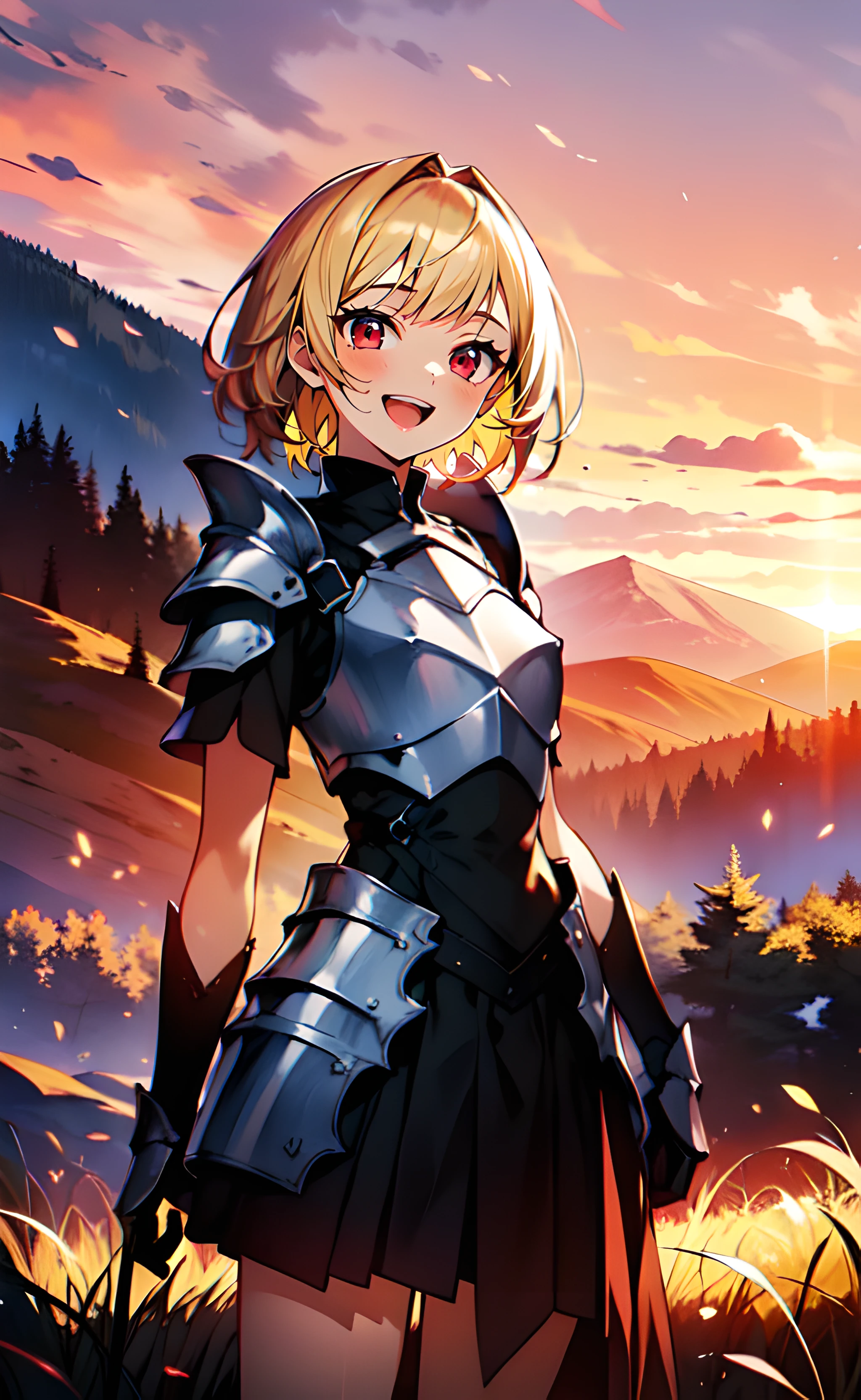 1girl, cowboy shot, standing, short hair, blonde hair, red eyes, armored dress, black dress, short sleeves, black gloves, open mouth, smile, nature, mountain, sunset, backlighting