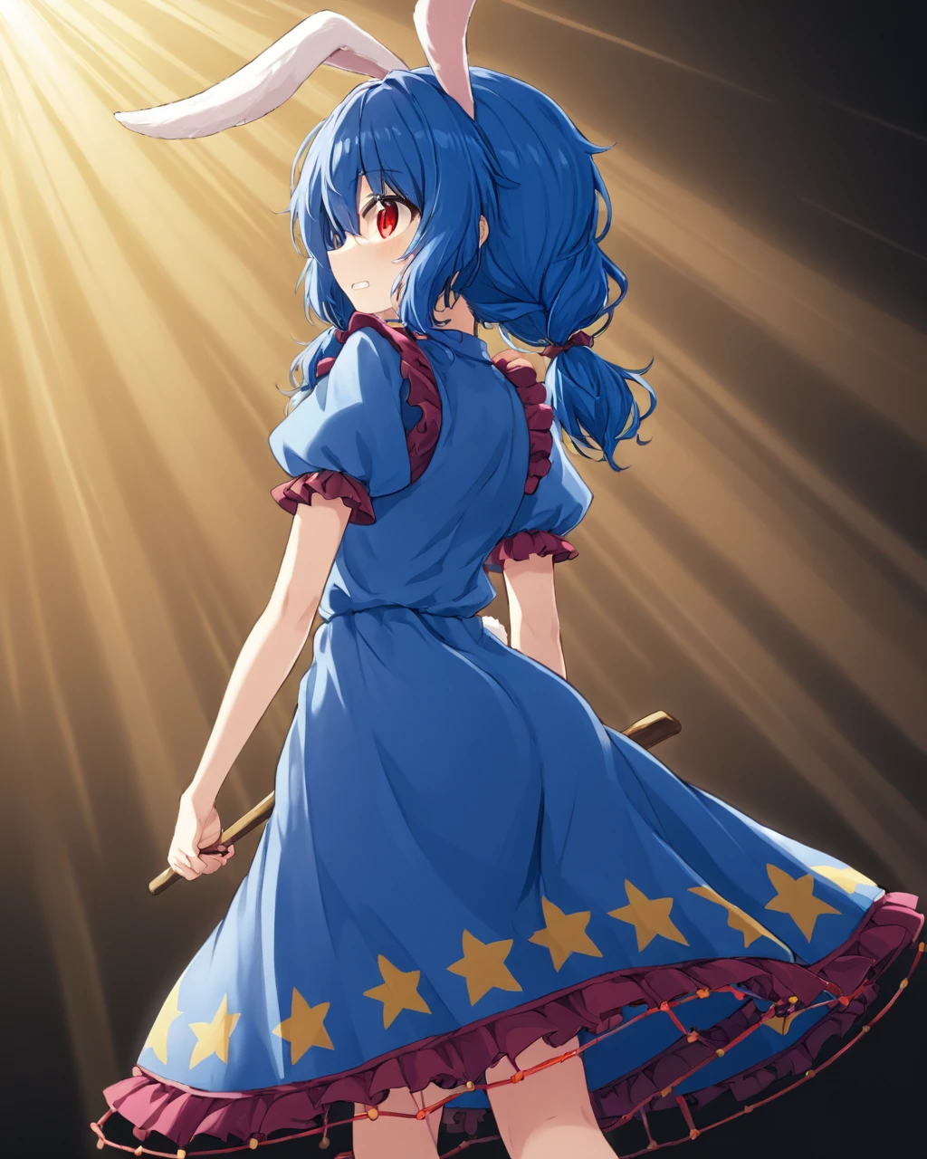 seiran \(touhou\),1girl, solo, rabbit_tail, blue_dress, puffy_short_sleeves, crying_with_eyes_open, blood_on_face, twintails, blood_on_clothes, blood_on_arm, looking_back, clenched_teeth, light_rays, sad, rabbit_girl
<lora:seiran_(touhou)_image1670_2023-12-20-000010:1>,star-shaped_pupils,symbol-shaped_pupils,. gorgeous,key visual, vibrant, studio anime,award-winning, professional, highly detailed,high budget, cinemascope