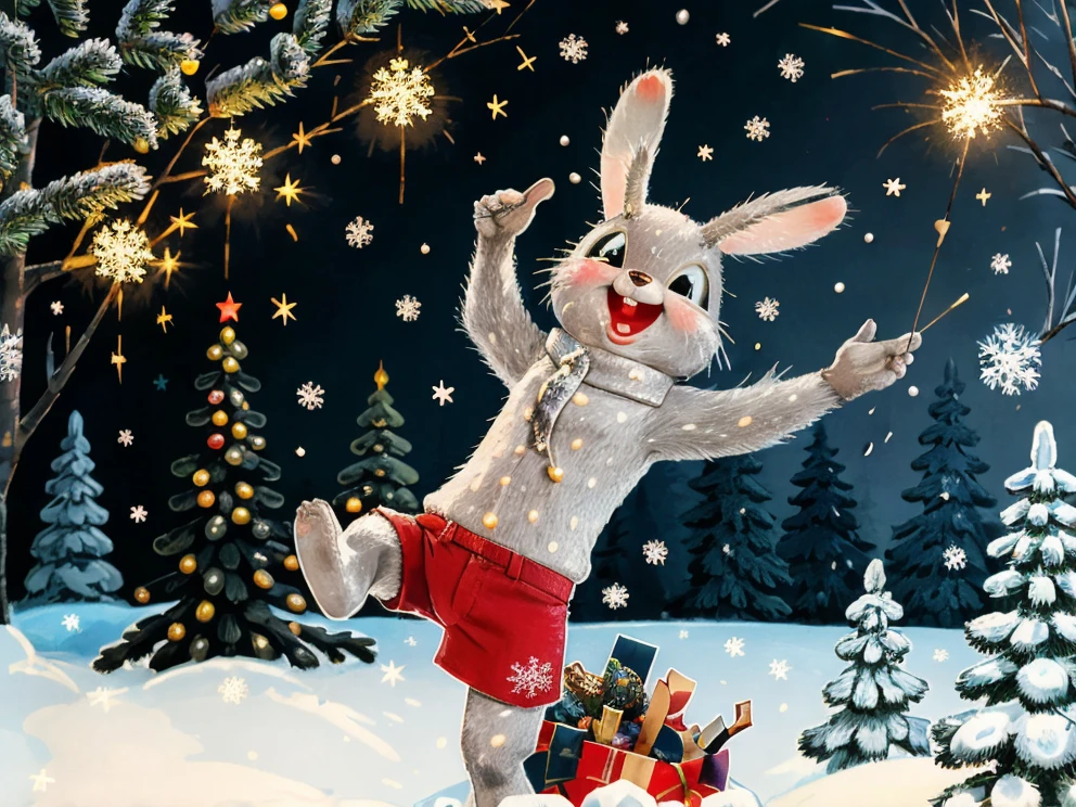 one hare dancing  on snow with sparkler near big decorated christmas tree, (snow on branches:0.5), gift box, lighting garland, winter, night, moon, stars, paint by zarubin  <lora:zarubin:0.8>