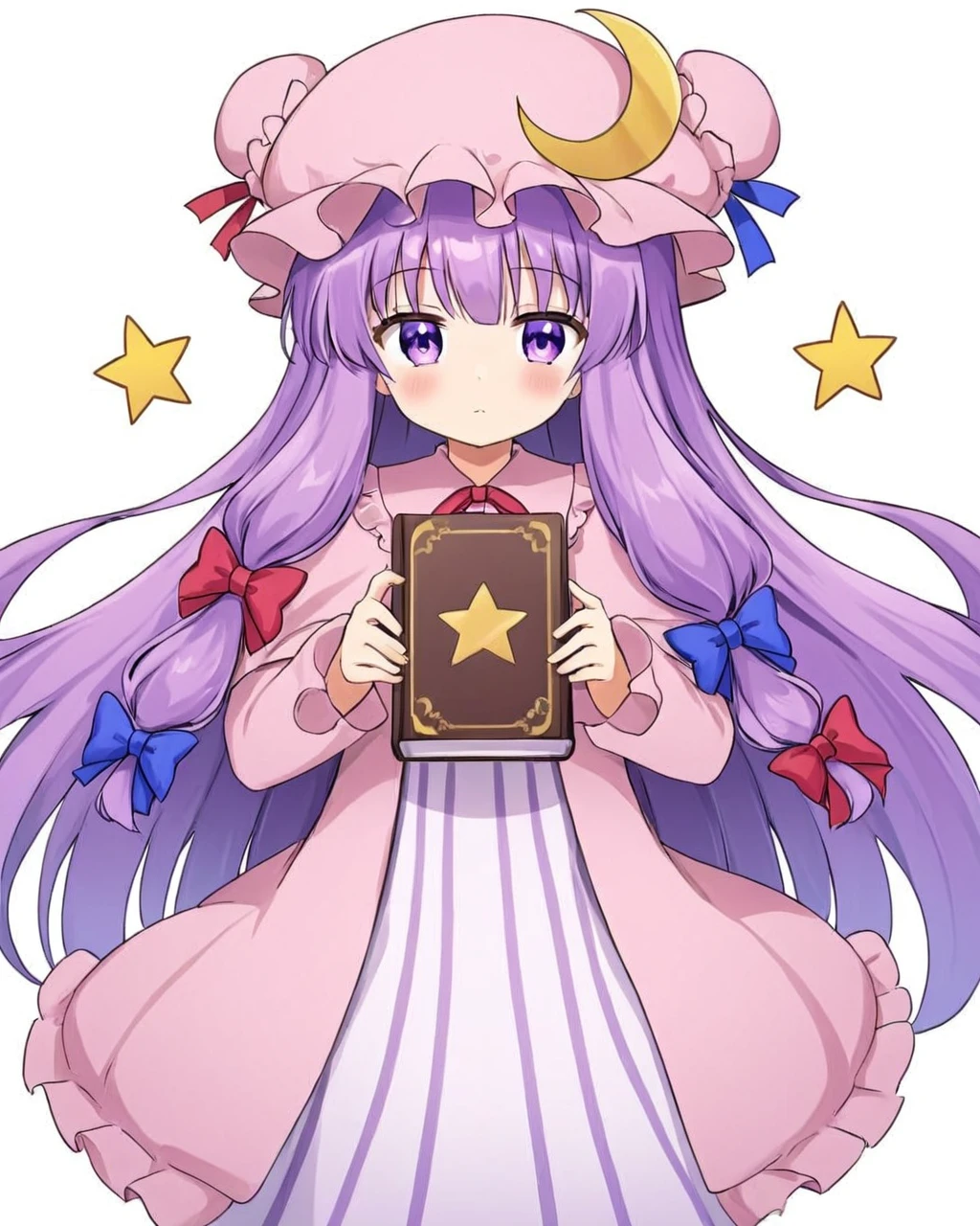 patchouli knowledge,1girl, solo, simple_background, white_background, crescent_hat_ornament, mob_cap, long_sleeves, red_ribbon, vertical-striped_dress, holding_book, blue_bow, double_bun, red_bow, hat_ribbon, capelet, blue_ribbon, pink_headwear, hair_bow, blush_stickers, :<, long_dress, one-hour_drawing_challenge, crescent_pin, bun_cover, purple_dress, pink_dress
<lora:patchouli_knowledge_image4909_2023-12-20-000009:1>,star-shaped_pupils,symbol-shaped_pupils,. gorgeous,key visual, vibrant, studio anime,award-winning, professional, highly detailed,high budget, cinemascope