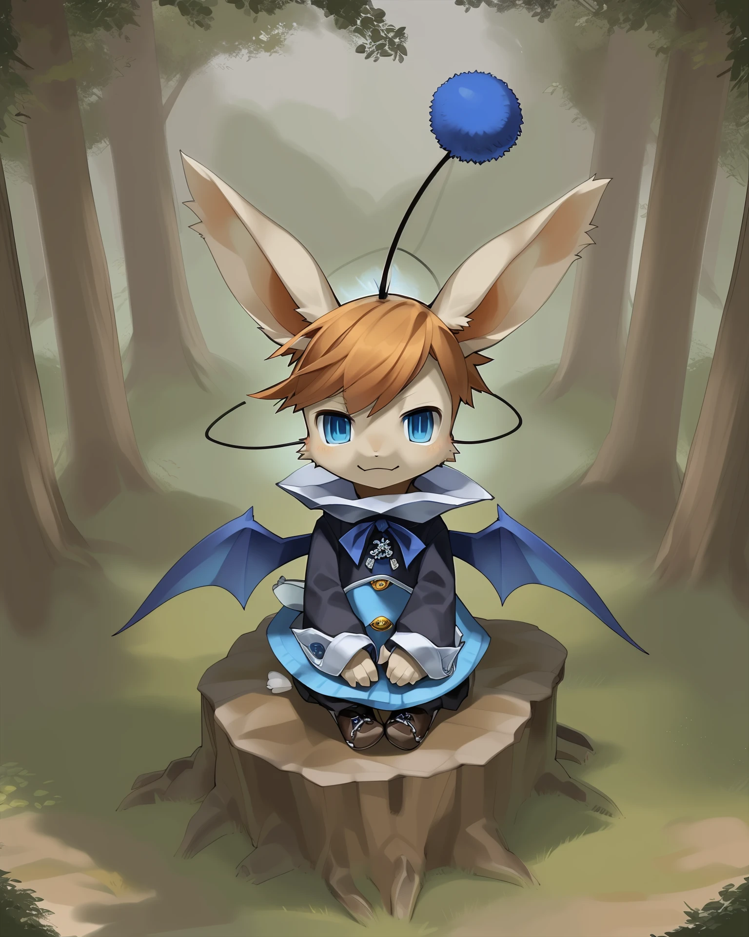 <lora:FF_Hurdy_a1_10_VPred:1>,
character portrait of a,male,chibi,hurdy,solo,hi res,
detailed background,outdoors,by kame 3,full-length portrait,three-quarter view,hurdyoutfit,forest,blue eyes,pom antenna,wings,sitting,high-angle view,