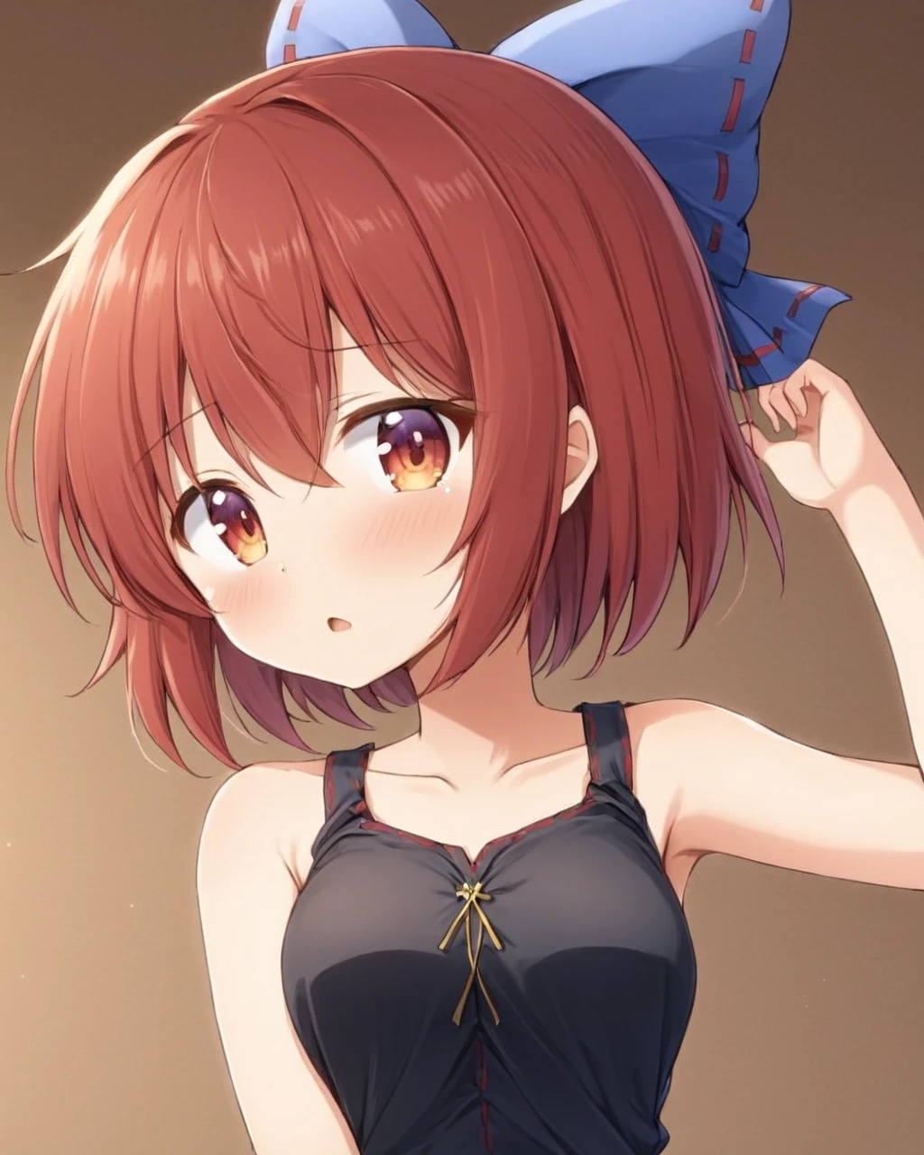 sekibanki,1girl, solo, hair_bow, blush, black_shirt, open_mouth, sleeveless_shirt, upper_body, blue_bow, medium_breasts, collarbone, bare_shoulders, head_tilt, looking_to_the_side, bare_arms, adapted_costume, red_skirt
<lora:sekibanki_image5492_2023-12-20-000008:1>,star-shaped_pupils,symbol-shaped_pupils,. gorgeous,key visual, vibrant, studio anime,award-winning, professional, highly detailed,high budget, cinemascope