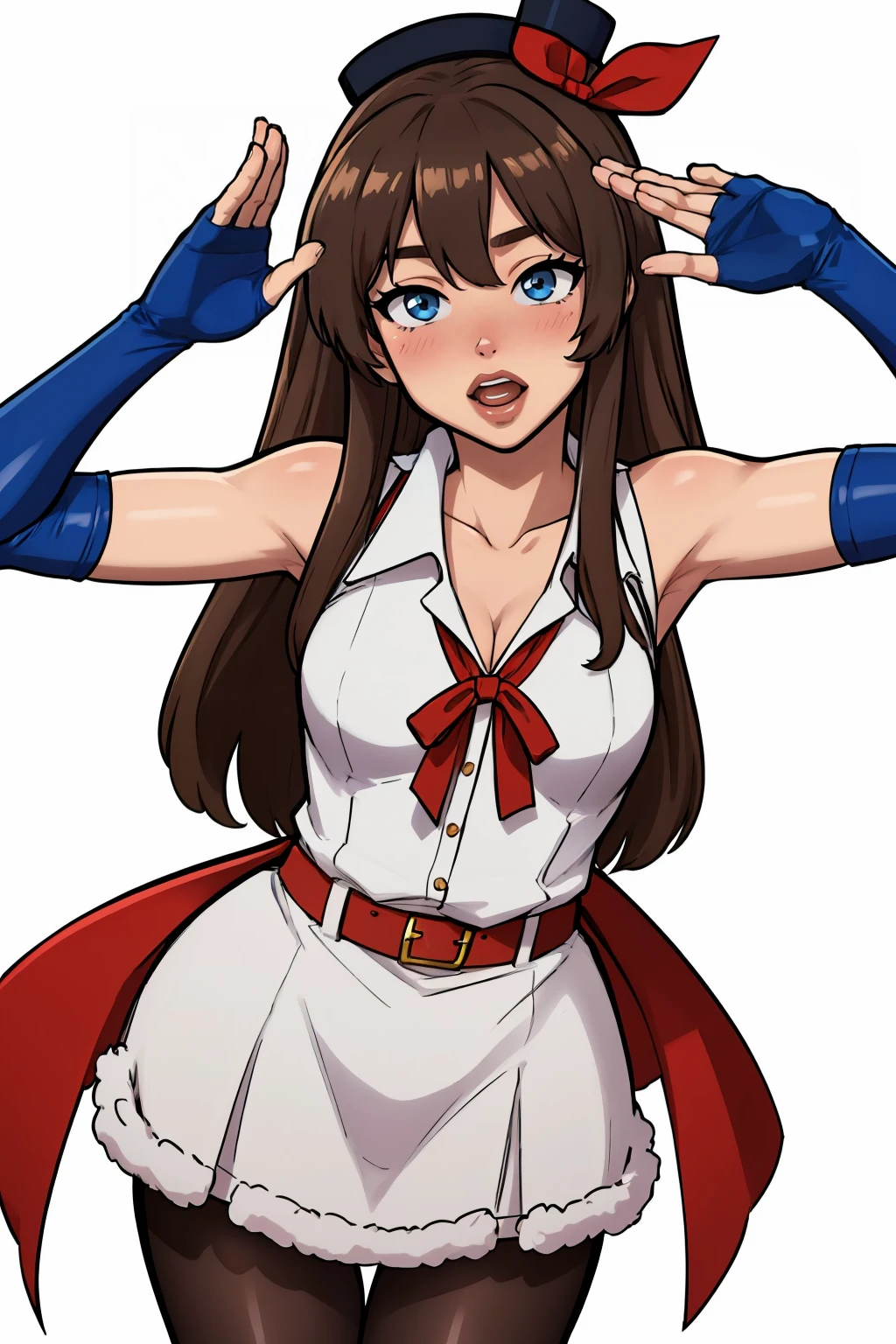 (masterpiece, best quality:1.2), <lora:mrpotatoparty:1>, mrpotatoparty, 1girl, breasts, brown hair, long hair, virtual youtuber, sleeveless shirt, solo, sleeveless, shirt, hair flaps, blue eyes, gloves, fingerless gloves, hat, red ribbon, hair ribbon, ribbon, looking at viewer, simple background, pantyhose, white background, salute, cleavage, open mouth, blush, white shirt, black gloves, fur trim, collarbone, collared shirt