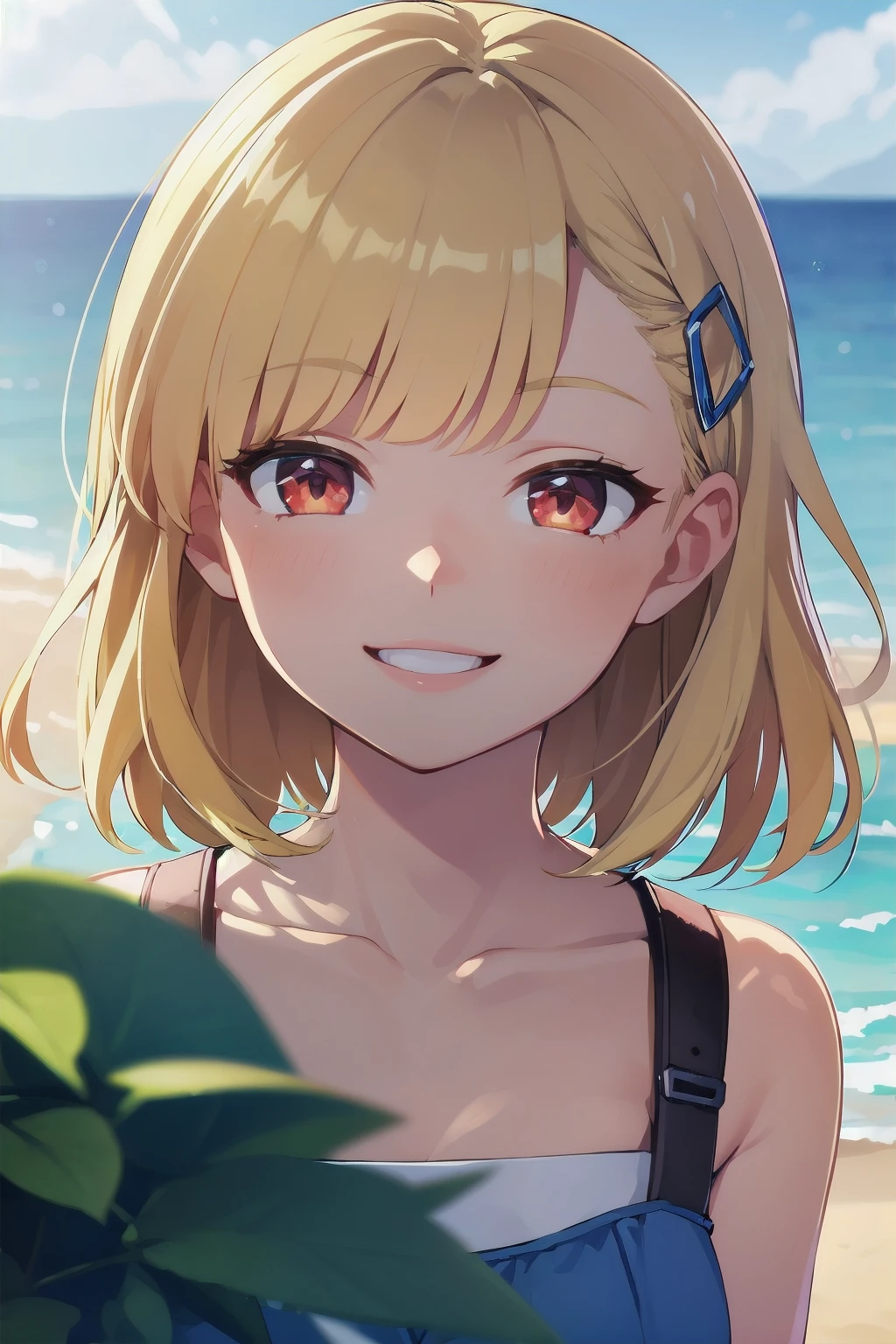 portrait, sharp focus, soft lighting, illustration, depth of field, outdoors, beach, blue sky, 1girl, :D smiling, rosetta1, short hair, blonde hair, red eye, blunt bangs, hairclip <lora:rosetta1-000003:0.75>