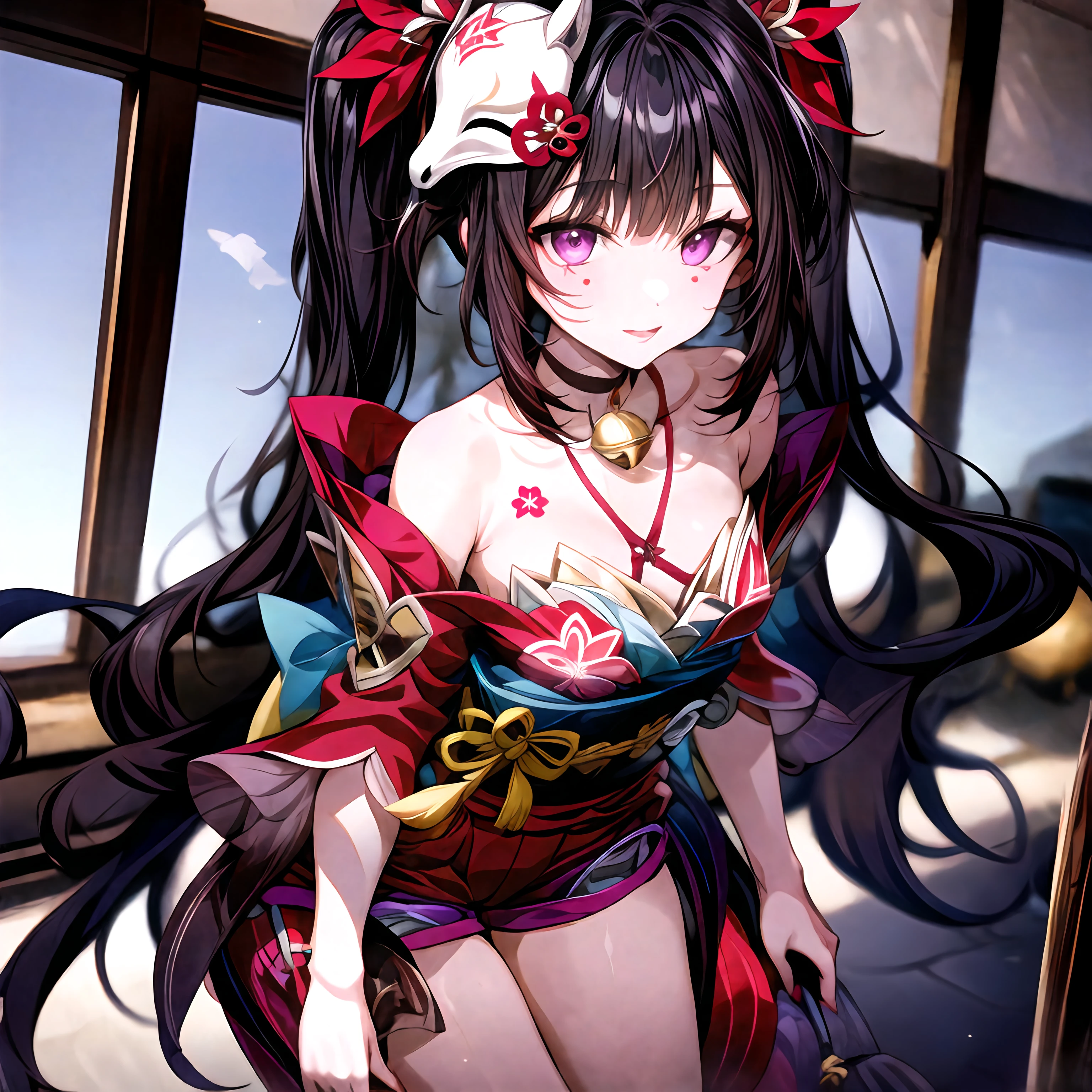 <lora:ç»èè°æ´:1>,an extremely delicate and beautiful girl,8k wallpaper,masterpiece,indoors,cowboy_shot,sparkl,1girl,solo,mask on head,hair ornament,symbol-shaped pupils,kimono,shorts,bare legs,detached sleeves,looking at viewer,hair ornament,detached sleeves,neck bell,heart tattoo,collarbone,small breasts,standing