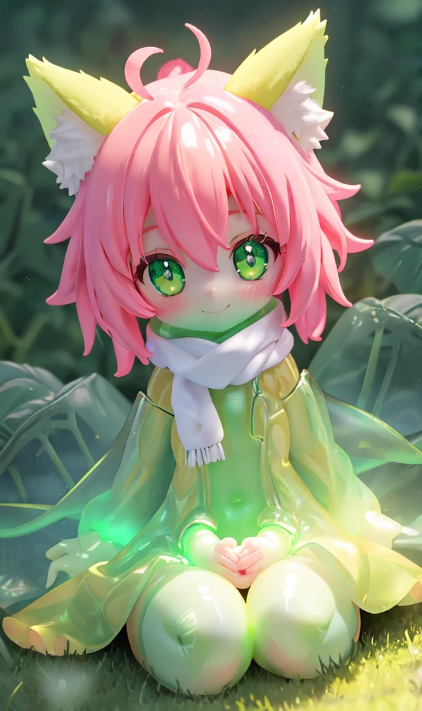 glowing, 1girl, foxgirl, high detail, masterpiece, beautiful, glowing pink hair, glowing green eyes, smiling, happy, viewed from below, big eyes, spreading legs, sitting, knees, green coat, moody background, sunlight: 1.5, smooth skin, subsurface scattering, white shirt, bottomless, scarf, fluffy tail, crotch