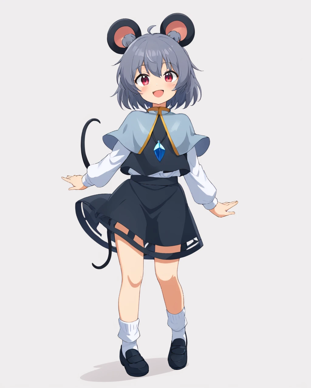 nazrin,1girl, solo, white_shirt, mouse_tail, open_mouth, long_sleeves, grey_vest, mouse_girl, grey_skirt, white_background, simple_background, white_socks, layered_clothes, smile, skirt_set, pendant, black_footwear, crystal, blush, shoes, standing, full_body, white_capelet
<lora:nazrin_image9511_2023-12-20-000006:1>,star-shaped_pupils,symbol-shaped_pupils,. gorgeous,key visual, vibrant, studio anime,award-winning, professional, highly detailed,high budget, cinemascope