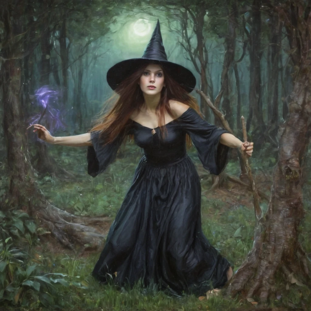 Waterhouse painting of beautiful realistic witch woman at magical forest <lora:Waterhouse_painting_style:1>