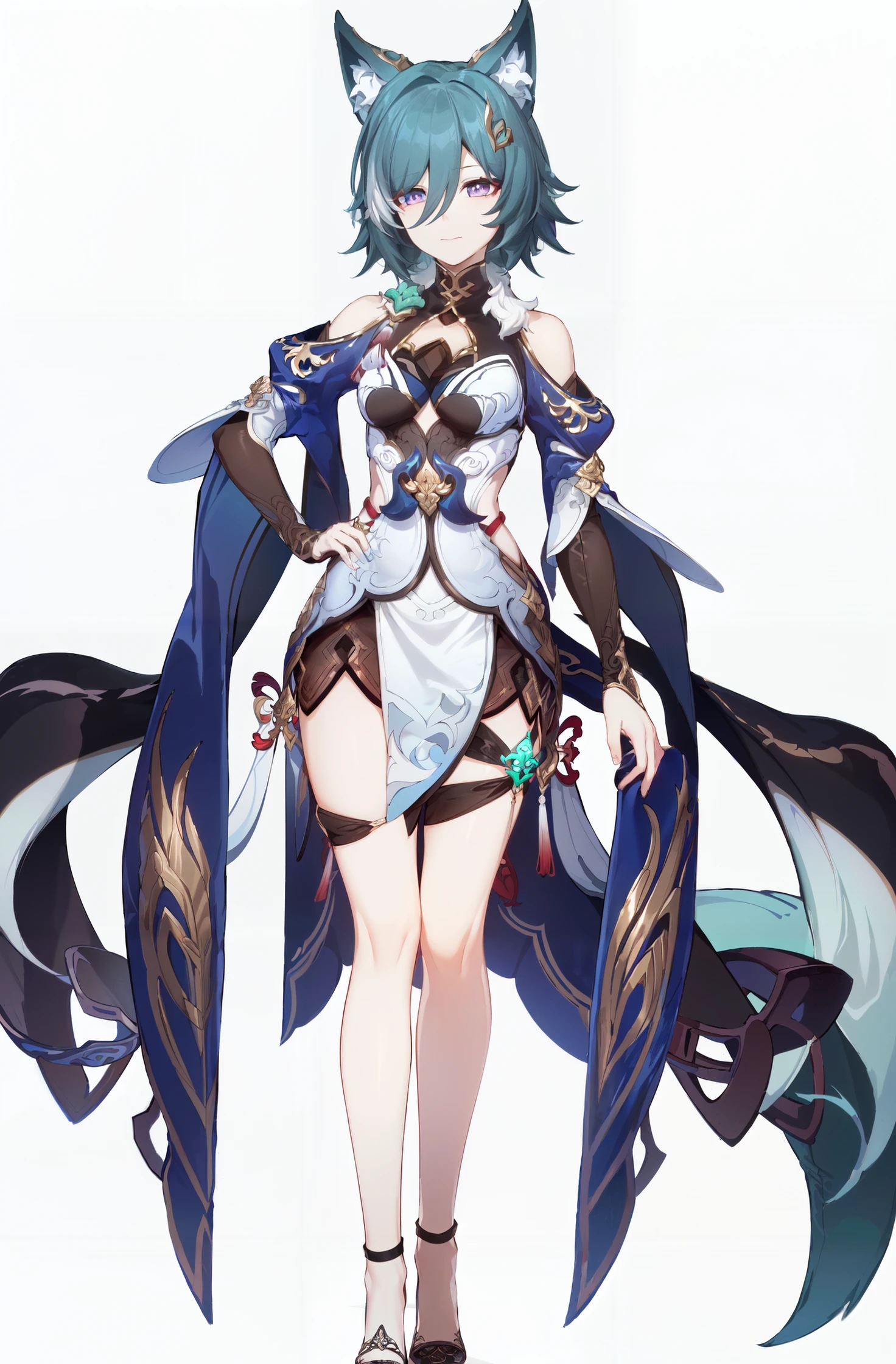 8k, best quality, masterpiece, (ultra-detailed:1.1), (high detailed skin),
(full body:1.3), white background, standing, looking at viewer, (solo:1.4), hand on hip,
<lora:yukong-v2-v100:0.8:lbw=OUTALL>, (yukong:1.1), fox ears, fox tail, green hair, (hair ornament:1.1), dress, detached sleeves, ( thigh ribbon, jade pendant on lap, leg hangings:1.2), high heels, bare shoulders, detailed eyes, purple eyes,
(white background, simple background:1.6),
(beautiful_face), ((intricate_detail)), clear face,
((finely_detailed)), fine_fabric_emphasis,
((glossy)), full_shot