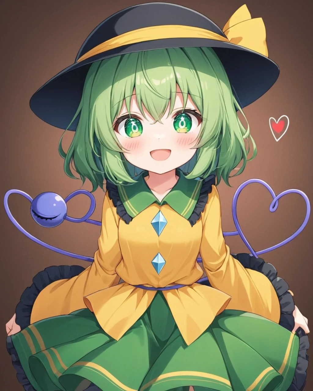 komeiji koishi,1girl, solo, third_eye, yellow_shirt, green_skirt, open_mouth, long_sleeves, heart_of_string, blush, wide_sleeves, black_headwear, looking_at_viewer, yellow_ribbon, hat_ribbon, smile, artist_name, frilled_sleeves, hand_up, yellow_bow, frilled_shirt_collar
<lora:komeiji_koishi_image10724_2023-12-20-000004:1>,star-shaped_pupils,symbol-shaped_pupils,. gorgeous,key visual, vibrant, studio anime,award-winning, professional, highly detailed,high budget, cinemascope