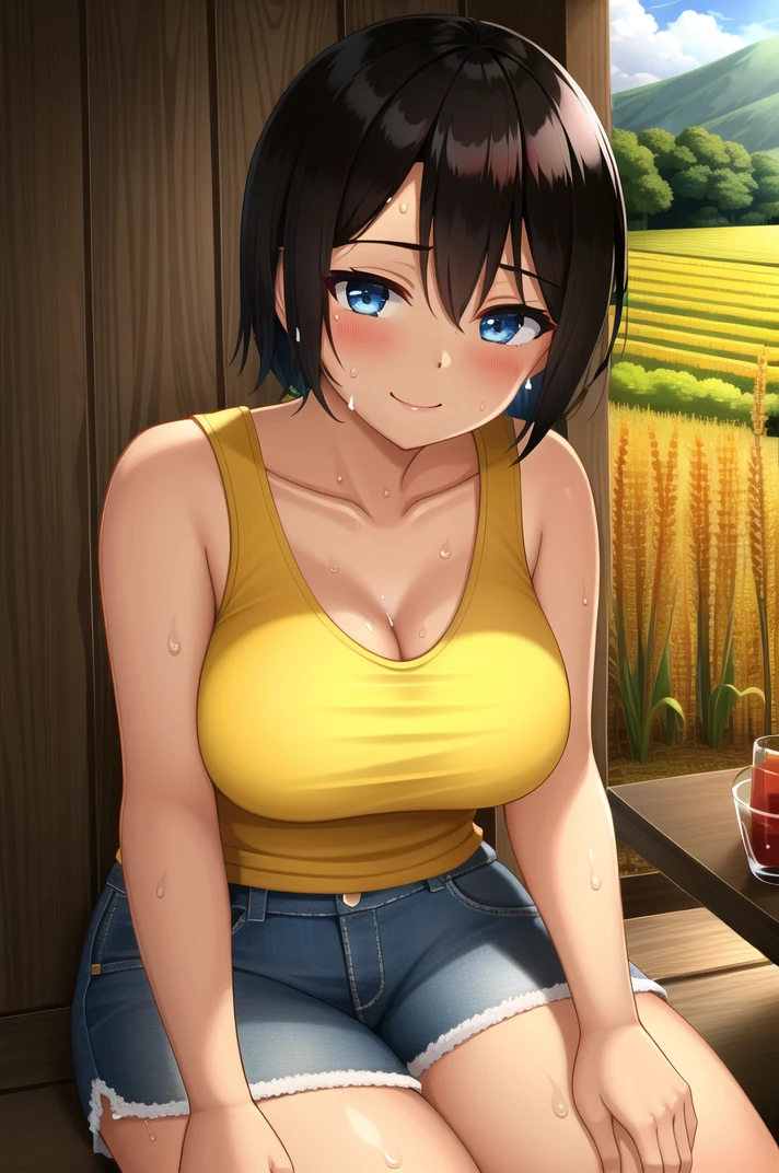 (masterpiece), high quality, (detailed background:1.3), 1girl, solo,
<lora:Summer-v2-07:0.8>, ChopioSummer, black hair, short hair, blue eyes, (dark-skinned female:1.2), (looking at viewer:1.3),
large breasts, plump,
outfit_1, (yellow tank top:1.3), denim shorts, shirt tucked in, short shorts, frayed clothes, 
porch, outdoors, shade, sunny, sitting, sunny, grass, glass of water, ice cube, water drop, condensation, sweat, sweatdrop, <lora:sweat_lotion_v2:0.2>, japanese countryside, rice field, seductive smile,