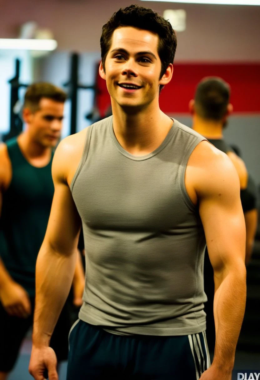 4k, Dylan O'Brien a man <lora:Dylan-O-Brien:0.8>, in the gym, sweaty, muscular, abs, pecs, slight smile, back to camera, flexing, guys in the background admiring him.