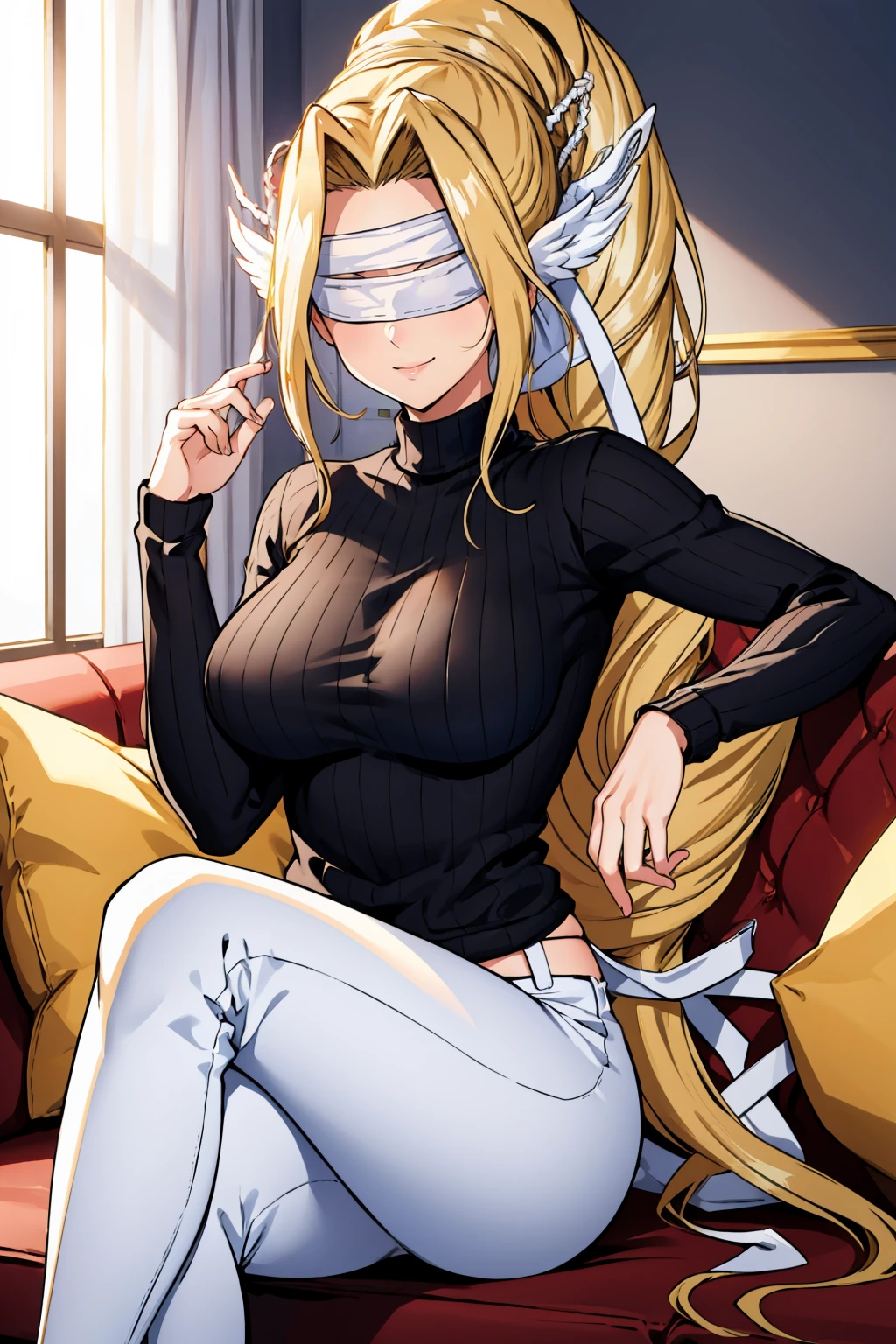 masterpiece, best quality, <lora:venusmon-nvwls-v1-000009:0.9> venusmon, very long hair, ponytail, blindfold, white ribbon, black sweater, white pants, large breasts, couch, sitting, looking at viewer, smile