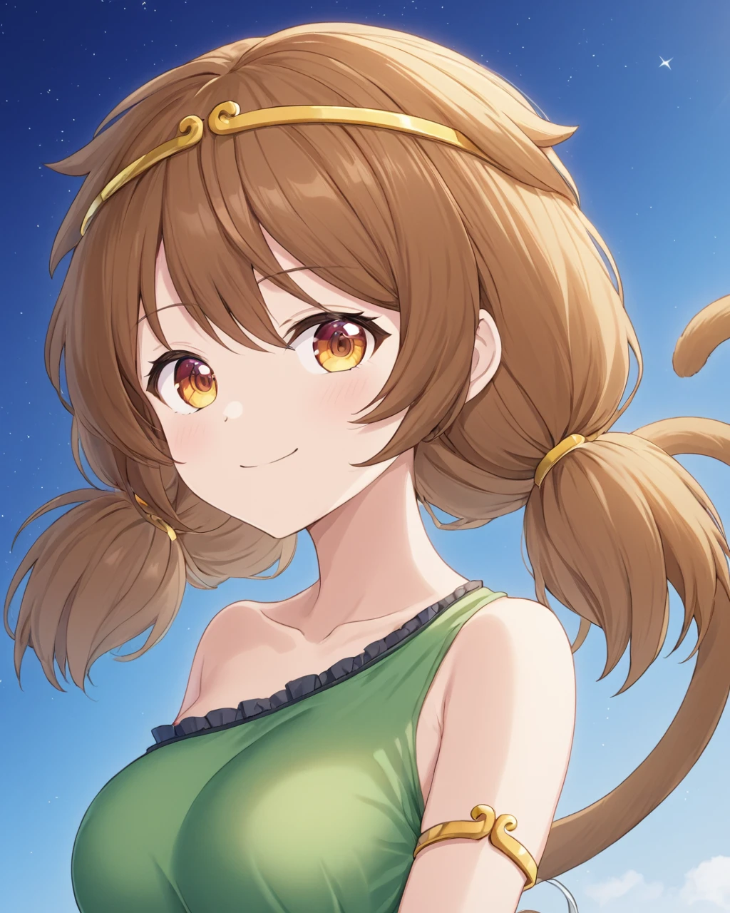 son biten,1girl, solo, smile, looking_at_viewer, monkey_tail, collarbone, bare_shoulders, twintails, upper_body, circlet, medium_breasts, dress
<lora:son_biten_image350_2023-12-20-000025:1>,star-shaped_pupils,symbol-shaped_pupils,. gorgeous,key visual, vibrant, studio anime,award-winning, professional, highly detailed,high budget, cinemascope
