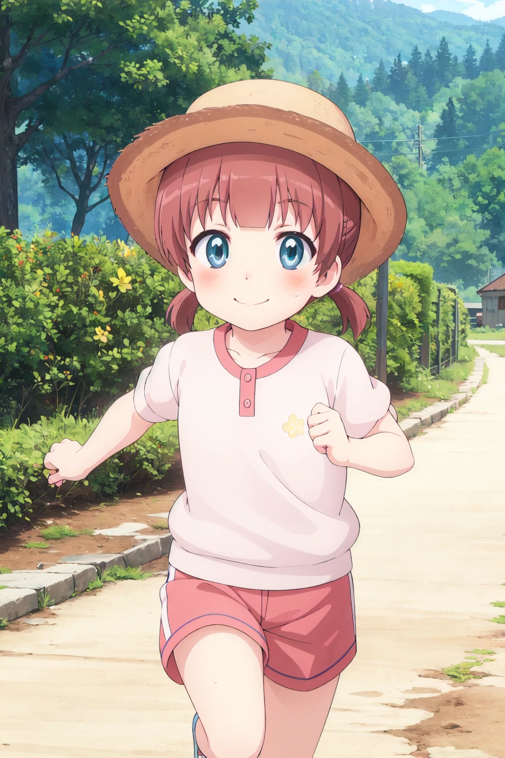 <lora:0 nonshiori:1>,nonshiori,little_girl,a very young child,running,in summer,hat,smile,blush,sweat,