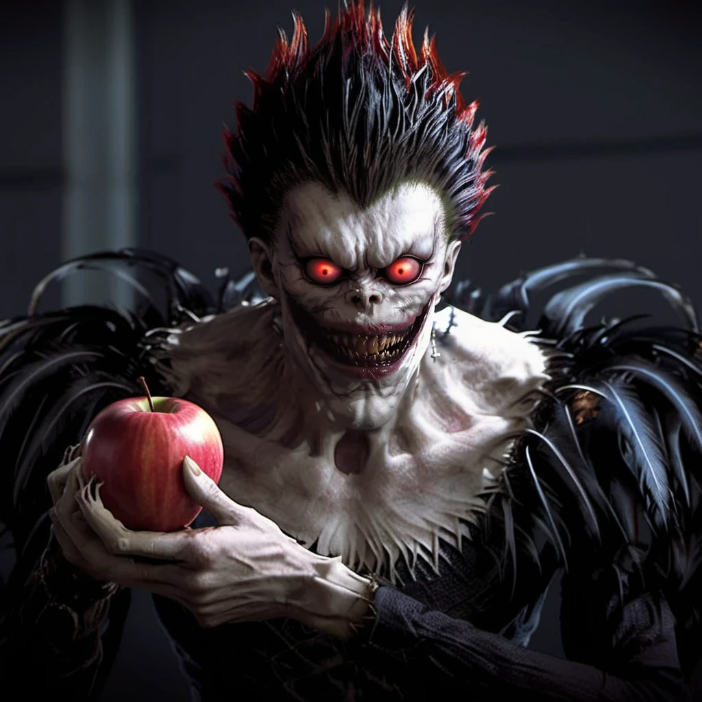 Ryuk1024, a demon, eating a red apple, highly detailed, photography, ultra sharp, film, bokeh, professional, 64k <lora:add-detail-xl:1.5> <lora:Ryuk1024-000544:0.8>