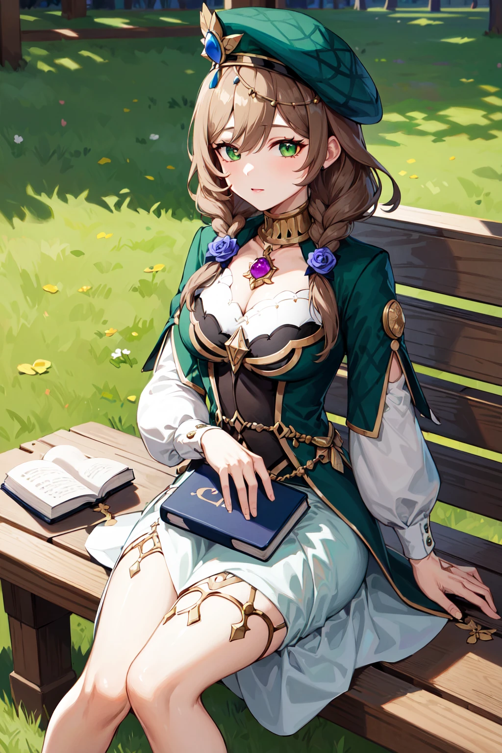 masterpiece, best quality, highres, bblisa, long hair, twin braids, hair flower, green eyes, beret, green headwear, jewelry, green dress, long sleeves, white sleeves, <lora:lisa_v1:0.7>, bench, book, sitting,