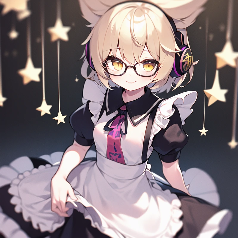 1girl, solo, masterpiece, best quality, illustration, absurdres, cute, film_grain, extremely detailed face, perfect lighting, smile, cowboy shot, <lora:toyosatomimi_no_miko:0.8>, miko_taoist, toyosatomimi no miko, short hair, pointy hair, earmuffs, bangs, small breasts, blonde hair, brown hair, brown eyes, yellow eyes, dress, maid, maid dress, glasses, hair ornament,