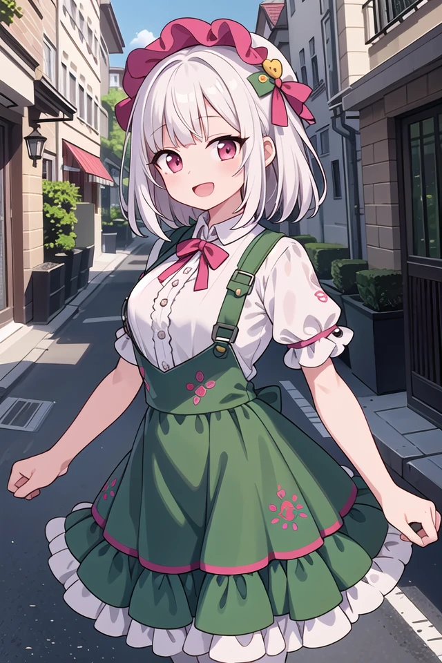 insanely detailed, absurdres, ultra-highres, ultra-detailed, best quality
BREAK
(white and light-green theme:1.4), ((gothic dress, classic and cute fashion):1.2), (light-green classic-bonnet on head:1.4), (fusion of light-green jumper-skirt and white blouse:1.5),
(light-green (overalls skirt, jumper-skirt) with white ruffles:1.4), (big light-green ribbon bow on skirt:1.4), ((short sleeves, bishop sleeves):1.3), (crinoline:1.2),
(oversized multilayer-skirt with ruffles:1.3), (white pantyhose:1.2), (Place multi-layered white ruffles on front of the skirt:1.3),
(garter belt:-1.4), (belt:-1.4), (-Metal fittings:1.4),
BREAK
(pink Detailed embroidery on skirt:1.4), (loafers:1.1),
BREAK
1 girl, solo, happy smile, laugh, open mouth,
BREAK
standing, cute pose, cowboy shot, looking at viewer,
slender, kawaii, perfect symmetrical face, ultra cute girl, ultra cute face, ultra detailed eyes, ultra detailed hair, ultra cute, ultra beautiful,
BREAK
(outdoor, in street, city, european street:1.3), ultra detailed background, (door:-1),
medium large breasts
BREAK
(white hair:1.3), medium hair, dark red eyes