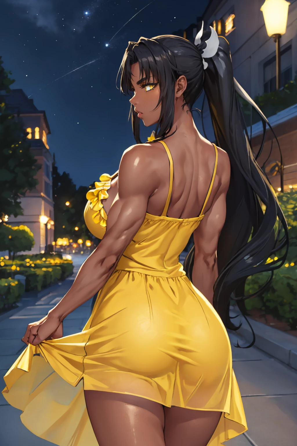 masterpiece, best quality, <lora:mirabell-nvwls-v1-000009:0.9> mirabell, dark skin, hair ornament, ponytail, (yellow sundress:1.4), from behind, garden, huge breasts, muscular, night sky