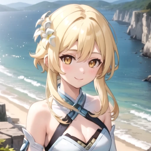 ((masterpiece)),(best quality),official art,extremely detailed CG,unity 8k wallpaper,ultra detailed,A lighthouse on a cliff by the sea,1girl,solo,upper body,(portrait:1.2),looking at viewer,lumine (genshin impact),blonde hair,hair flower,hair ornament,yellow eyes,white dress,detached sleeves,short hair with long locks,white flower,bare shoulders,smile,white thighhighs,bangs,frills,blush,medium breasts,long sleeves,sidelocks,halterneck,cleavage,hair between eyes,zettai ryouiki,white sleeves,see-through,feather hair ornament,<lora:Lumine(gen)>,