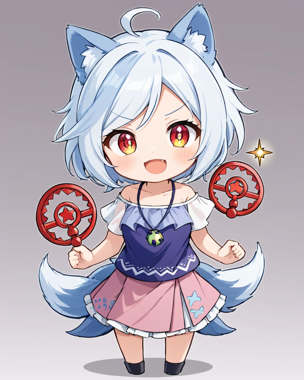 mitsugashira enoko,1girl, solo, fang, wolf_tail, :3, open_mouth, o_o, skirt, jewelry, chibi
<lora:mitsugashira_enoko_image296_2023-12-20-000030:1>,star-shaped_pupils,symbol-shaped_pupils,. gorgeous,key visual, vibrant, studio anime,award-winning, professional, highly detailed,high budget, cinemascope
