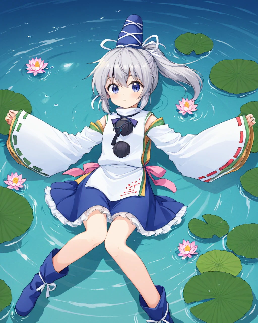 mononobe no futo,1girl, koi, lily_pad, solo, wide_sleeves, fish, tate_eboshi, blue_footwear, ponytail, long_sleeves, blue_skirt, ribbon-trimmed_sleeves, kariginu, lotus, pom_pom_\(clothes\), lying, water, blue_headwear, pink_flower, white_ribbon, red_ribbon, hat_ribbon, boots, sleeves_past_fingers
<lora:mononobe_no_futo_image4909_2023-12-20-000007:1>,star-shaped_pupils,symbol-shaped_pupils,. gorgeous,key visual, vibrant, studio anime,award-winning, professional, highly detailed,high budget, cinemascope