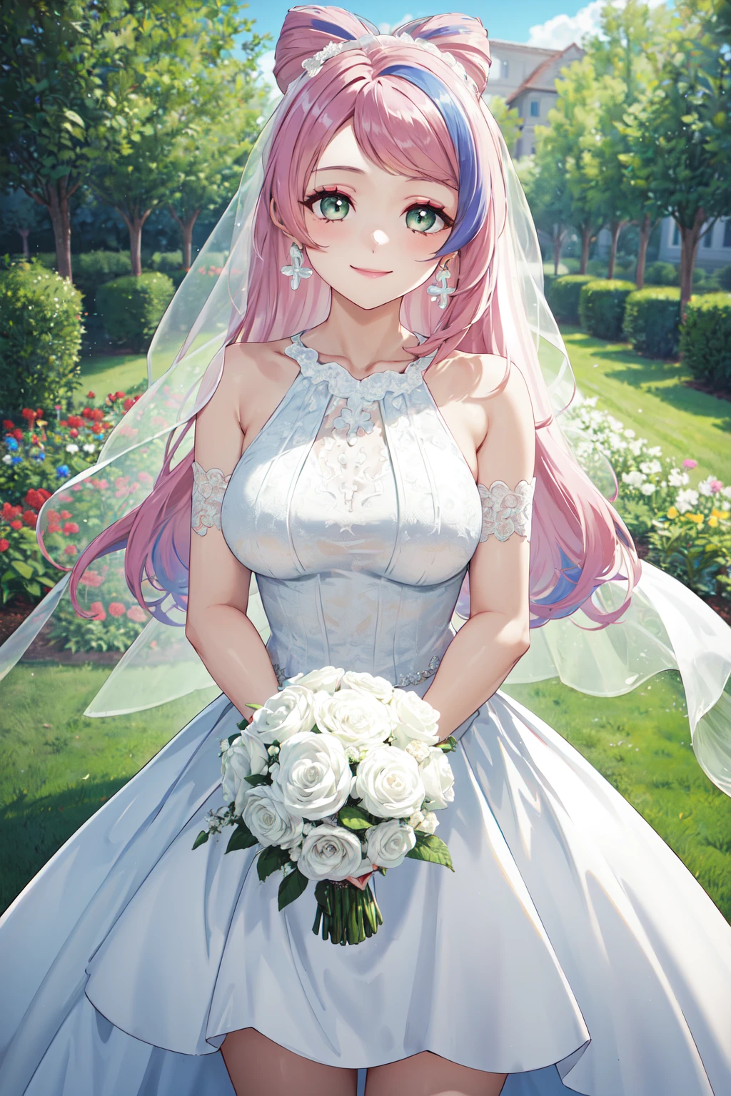 masterpiece,best quality,highres,ultra-detailed,aamiriam,multicolored hair,long hair,hair bun,bangs,earrings,large breasts,<lora:miriam_(pokemon):0.8>,(wedding dress:1.2),white dress,(veil:1.2),garden,smile,outdoors,standing,cowboy shot,holding bouquet,