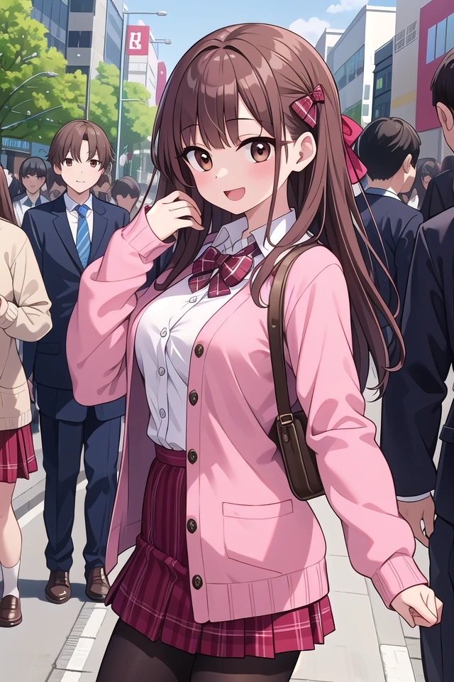 insanely detailed, absurdres, ultra-highres, ultra-detailed, best quality,
1girl, solo, nice hands, perfect hands
BREAK
(School Uniforms:1.2), (pink cardigan is fit body:1.4), ((do up a buttons, not loose):1.5), ((long sleeve, sleeves past wrists):1.2), (inner wear is white collared-shirt:1.3), (red plaid-pattern bow:1.3), (red plaid-pattern pleated skirt:1.3), ((dark-brown pantyhose, loafers):1.2) ,
BREAK
happy smile, laugh, open mouth, standing,
from side,
cute pose, cowboy shot,
BREAK
slender, kawaii, perfect symmetrical face, ultra cute girl, ultra cute face, ultra detailed eyes, ultra detailed hair, ultra cute, ultra beautiful,
BREAK
in harajuku, shibuya, tokyo, street, crowd, cityscape,
BREAK
medium large breasts,
(brown hair, brown eyes), hime cut